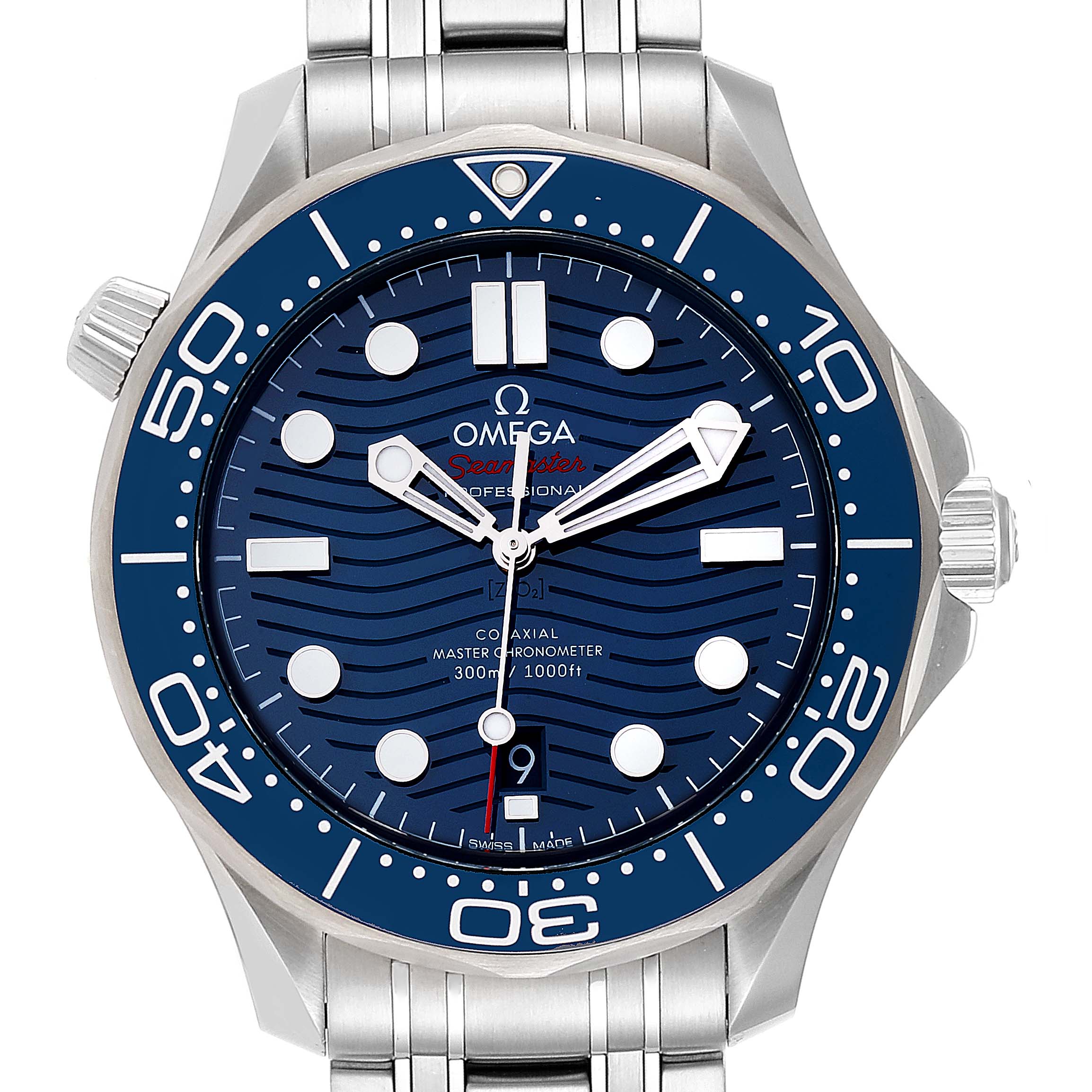 This image shows a frontal view of an Omega Seamaster 210.30.42.20.03.001 Men
s Stainless Steel Blue Dial 210.30.42.20.03.001 Men
s Stainless Steel Blue Dial watch, highlighting the blue dial, bezel, and stainless steel bracelet.