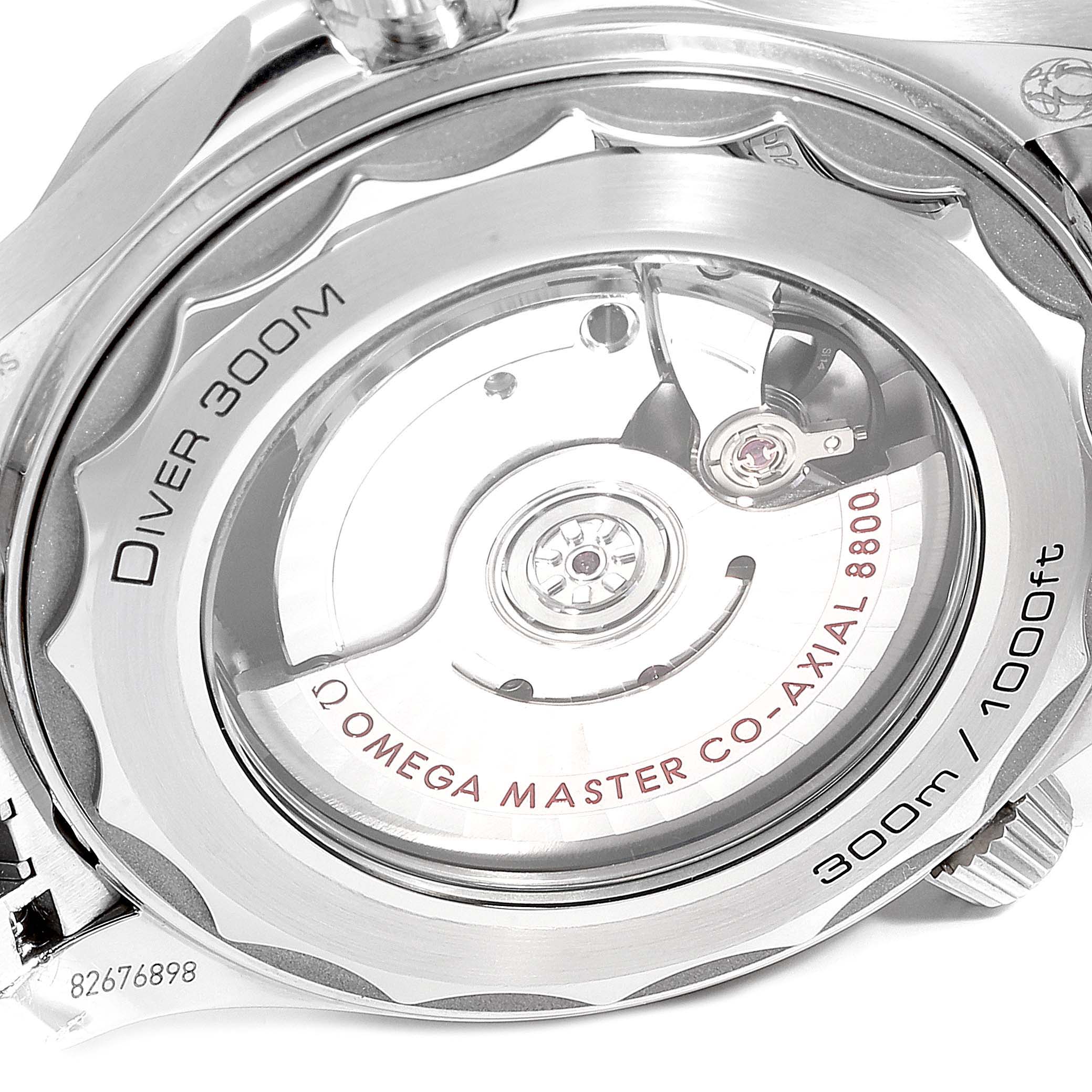 This image shows the back view of the Omega Seamaster 210.30.42.20.03.001 Men
s Stainless Steel Blue Dial 210.30.42.20.03.001 Men
s Stainless Steel Blue Dial Diver 300M, revealing its transparent case back and movement.