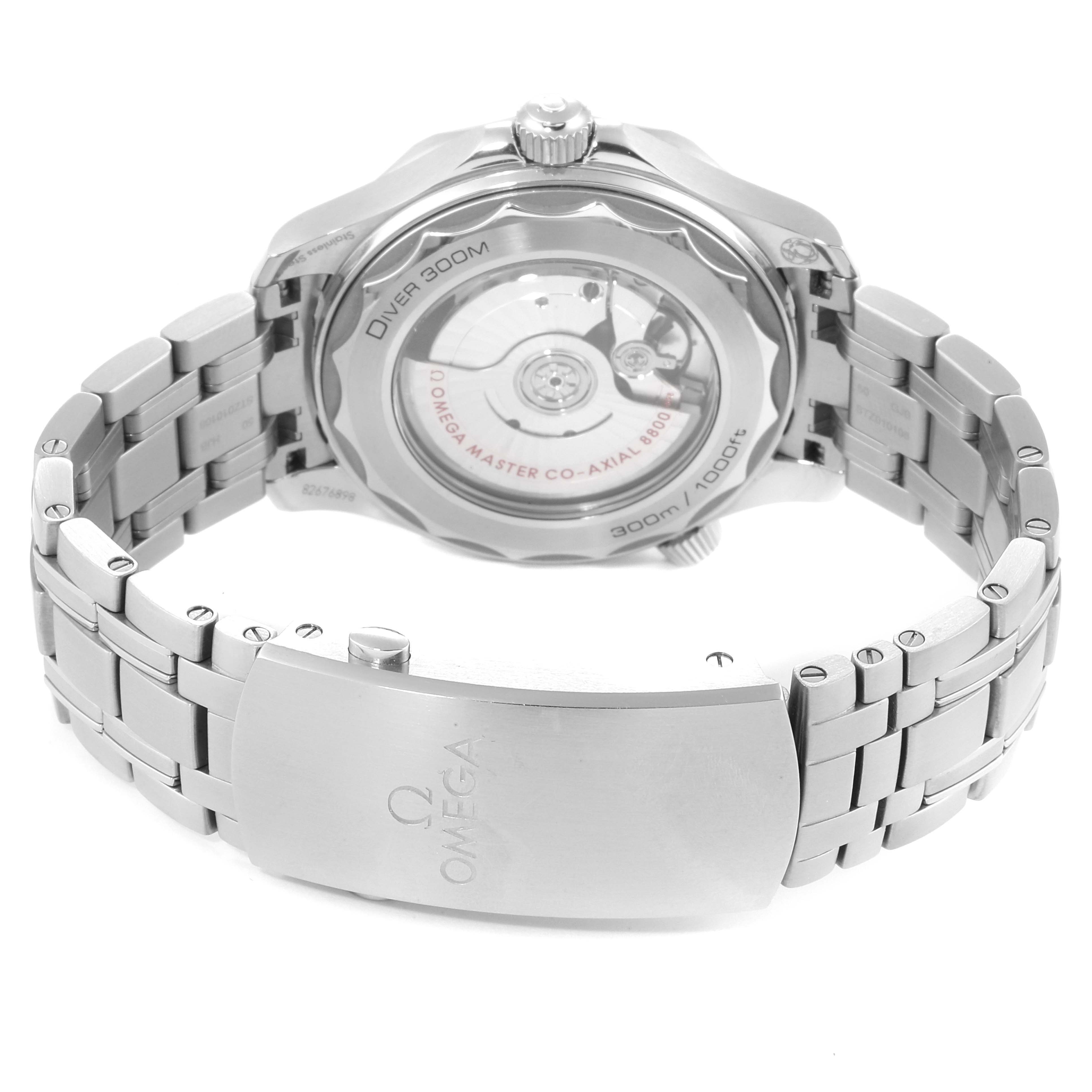 The image shows the back case and bracelet of the Omega Seamaster 210.30.42.20.03.001 Men
s Stainless Steel Blue Dial 210.30.42.20.03.001 Men
s Stainless Steel Blue Dial watch, highlighting the movement and clasp.