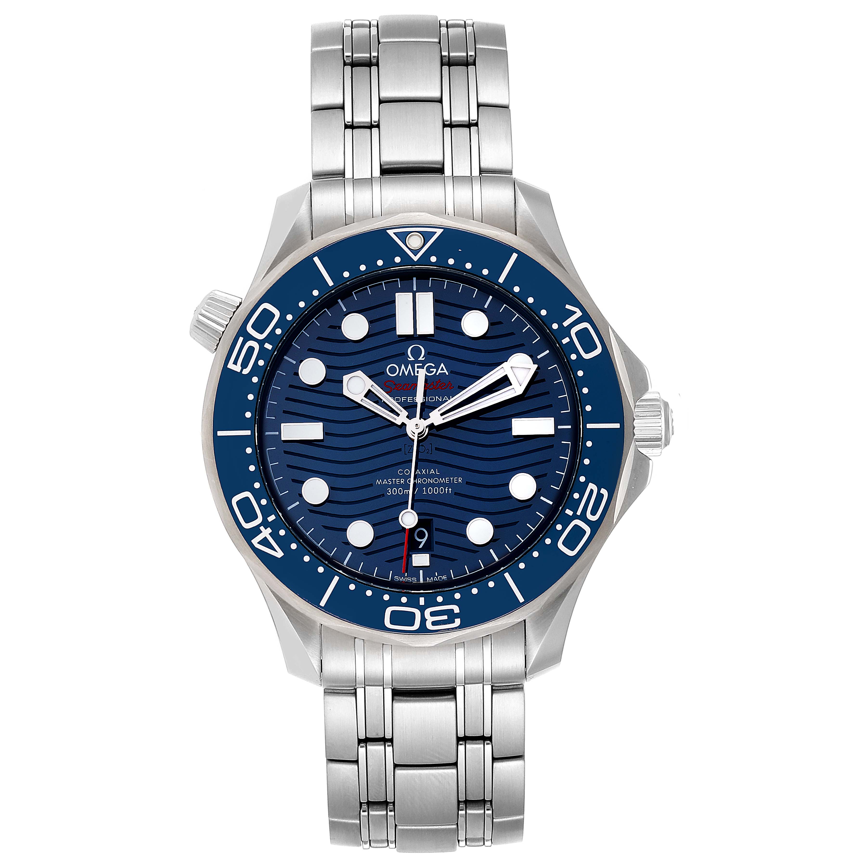 This is a front view of the Omega Seamaster 210.30.42.20.03.001 Men
s Stainless Steel Blue Dial 210.30.42.20.03.001 Men
s Stainless Steel Blue Dial watch, showing the dial, bezel, crown, and stainless steel bracelet.