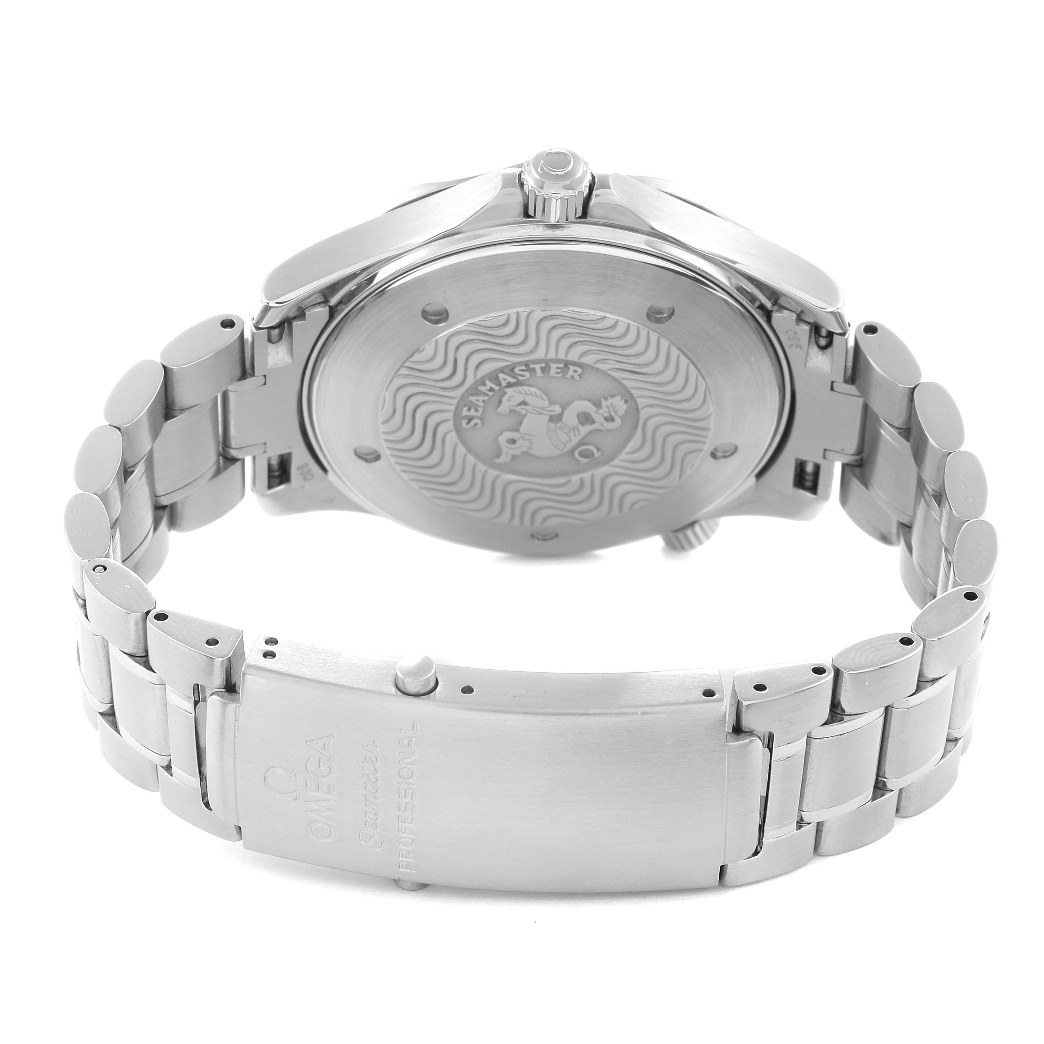 The Omega Seamaster 2254.50.00 Men
s Stainless Steel Black Dial 2254.50.00 Men
s Stainless Steel Black Dial watch is shown from the back, highlighting the case back and part of the bracelet.