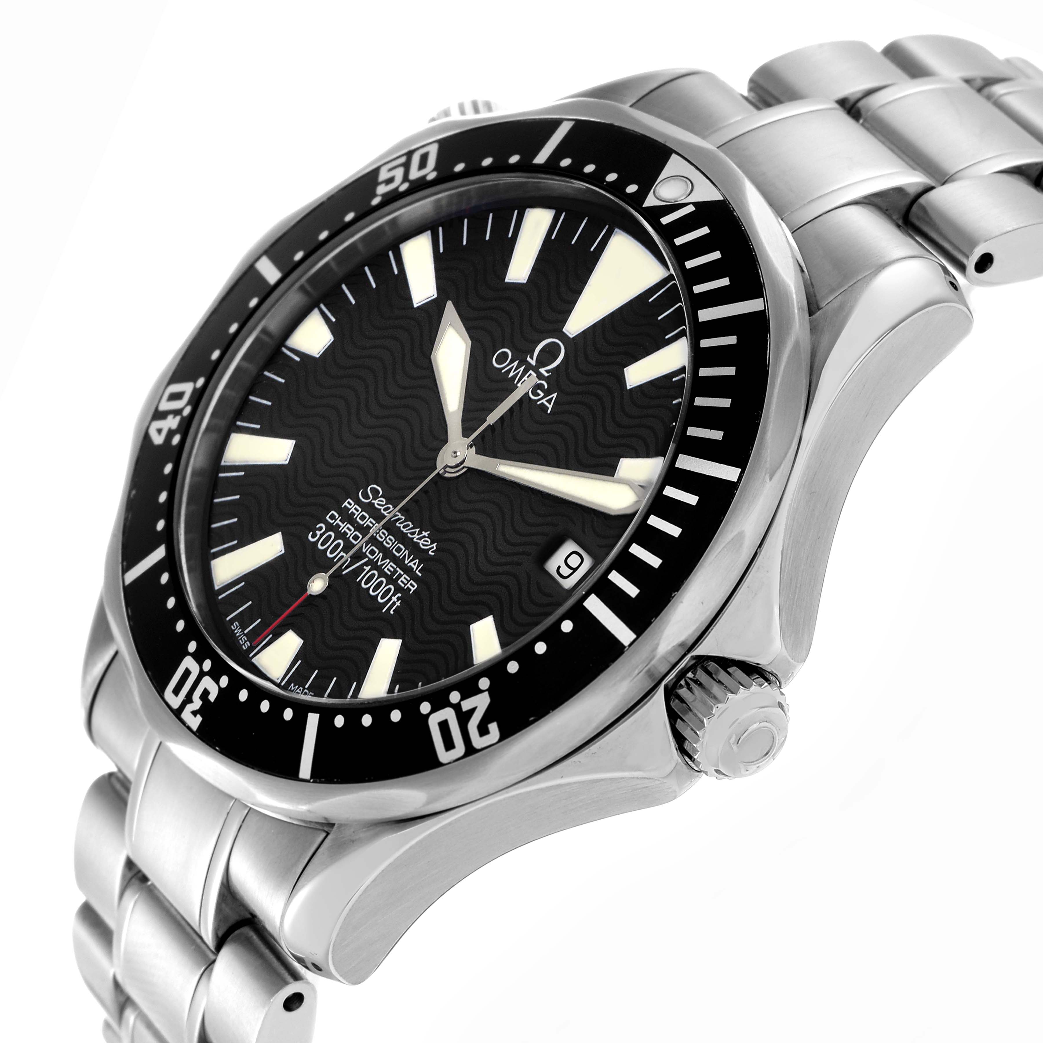 The Omega Seamaster 2254.50.00 Men
s Stainless Steel Black Dial 2254.50.00 Men
s Stainless Steel Black Dial watch is angled to show the face, bezel, and stainless steel bracelet.