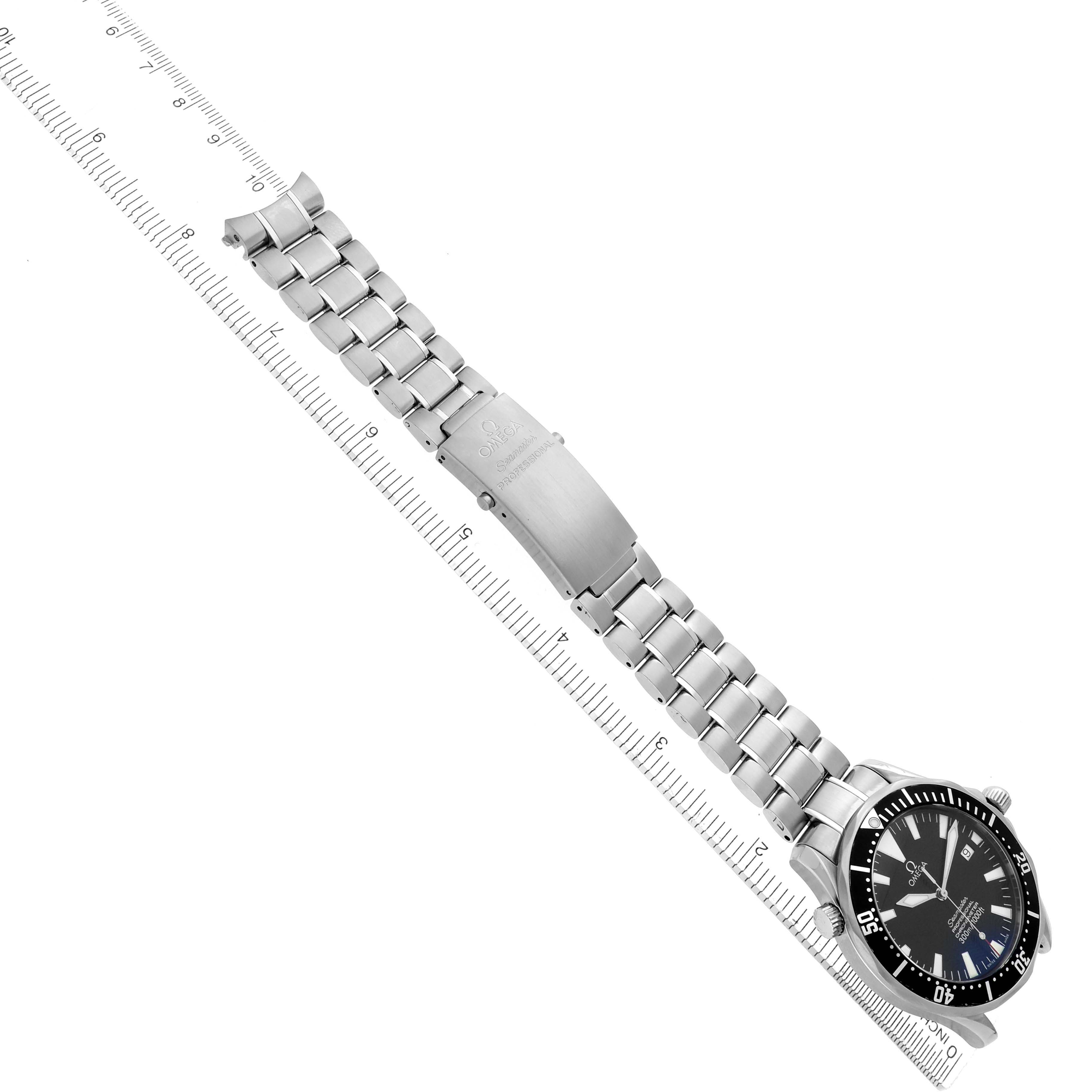 The Omega Seamaster 2254.50.00 Men
s Stainless Steel Black Dial 2254.50.00 Men
s Stainless Steel Black Dial watch is shown at a slight angle, displaying the dial, entire bracelet, and clasp detail.