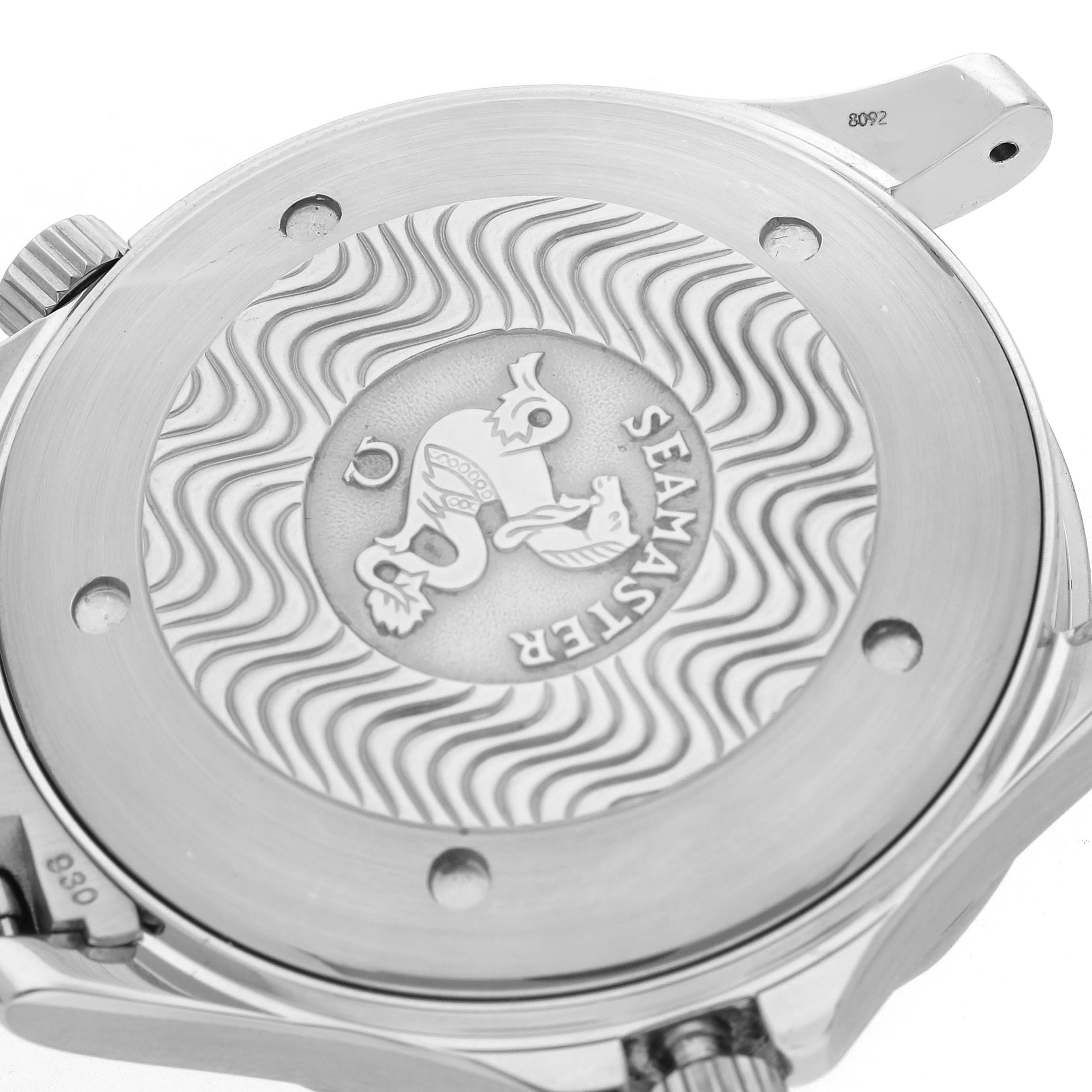 The image shows the case back of an Omega Seamaster 2254.50.00 Men
s Stainless Steel Black Dial 2254.50.00 Men
s Stainless Steel Black Dial watch, featuring the engraved logo and wave pattern, viewed from above.