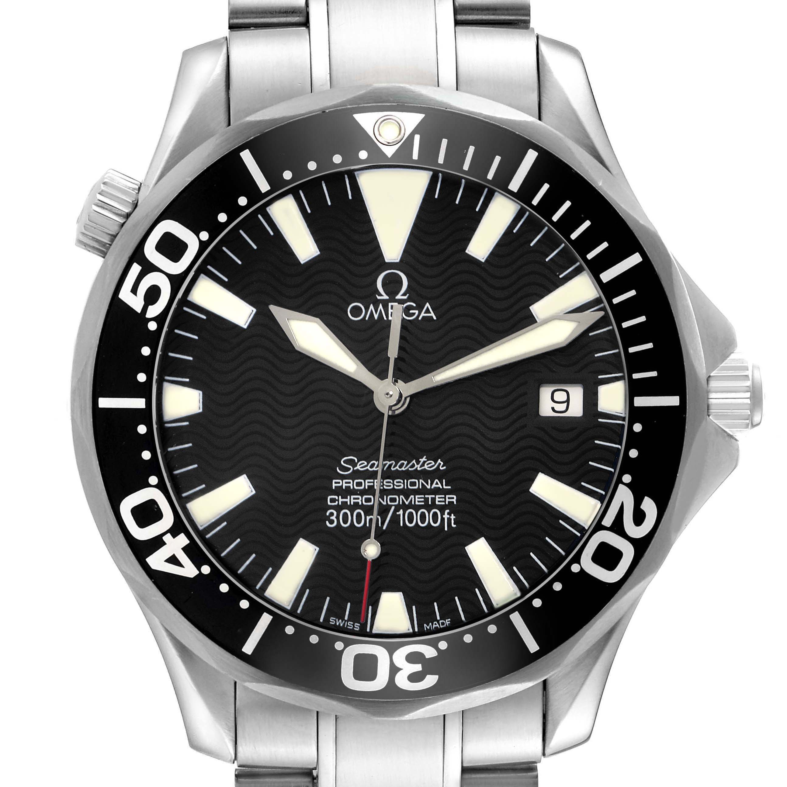 The Omega Seamaster 2254.50.00 Men
s Stainless Steel Black Dial 2254.50.00 Men
s Stainless Steel Black Dial watch is shown from the front, highlighting the dial, bezel, and part of the bracelet.
