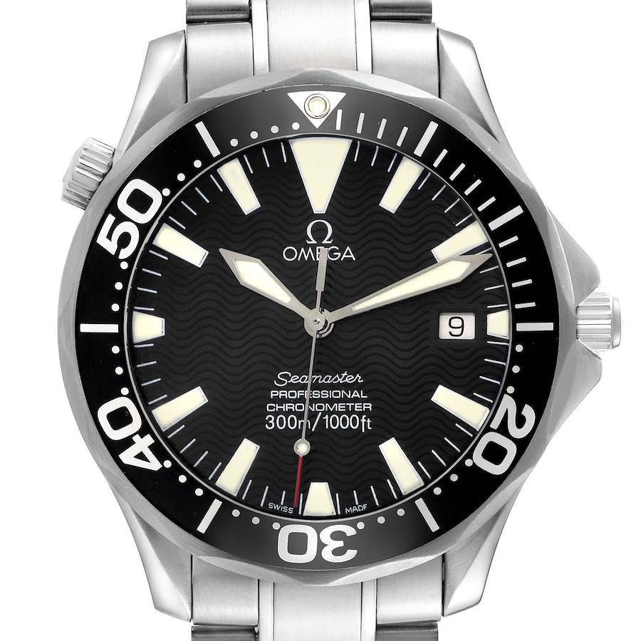 The Omega Seamaster watch is shown from the front, highlighting the dial, bezel, and part of the bracelet.