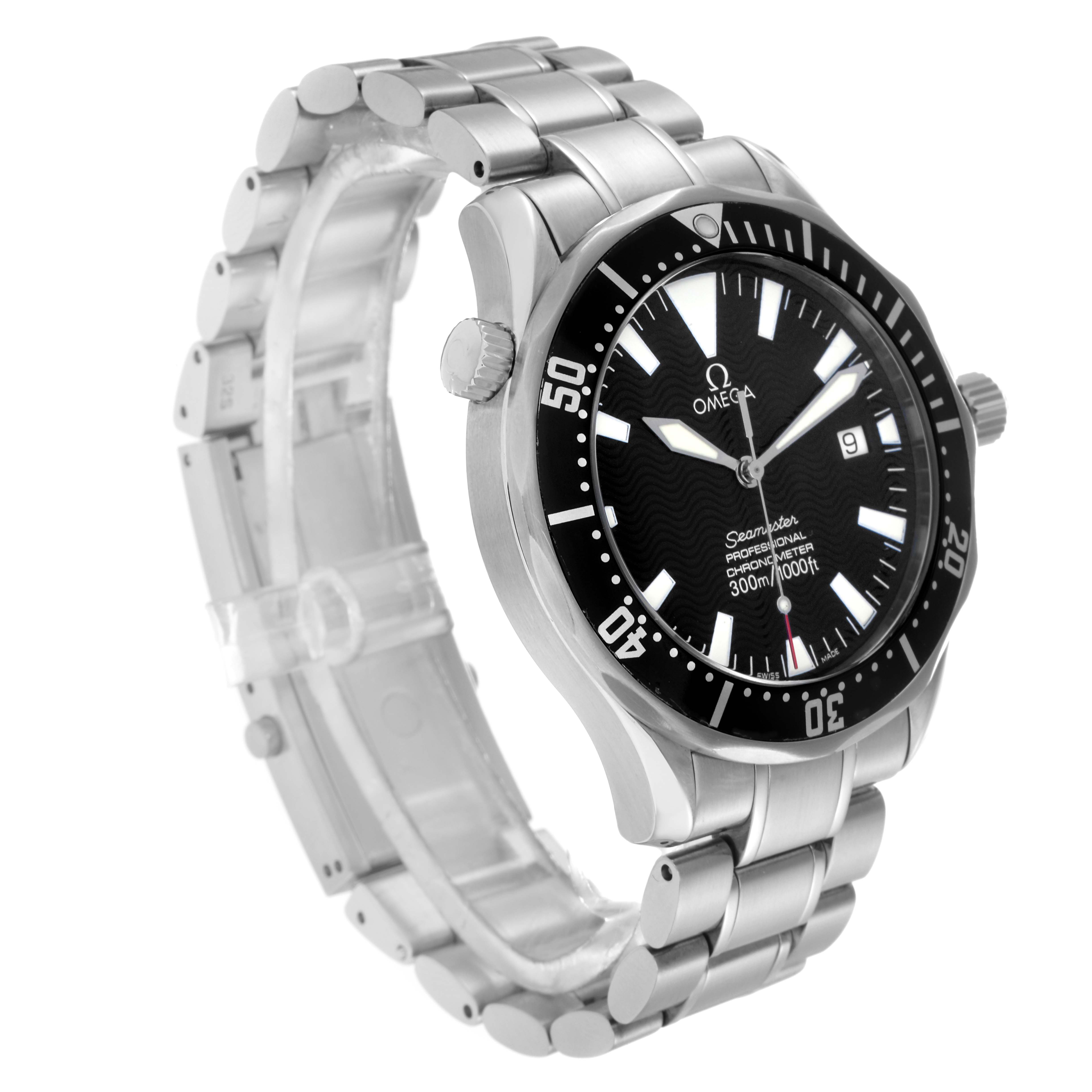 The Omega Seamaster 2254.50.00 Men
s Stainless Steel Black Dial 2254.50.00 Men
s Stainless Steel Black Dial watch is shown at a three-quarter angle, displaying its face, bezel, case, and bracelet.