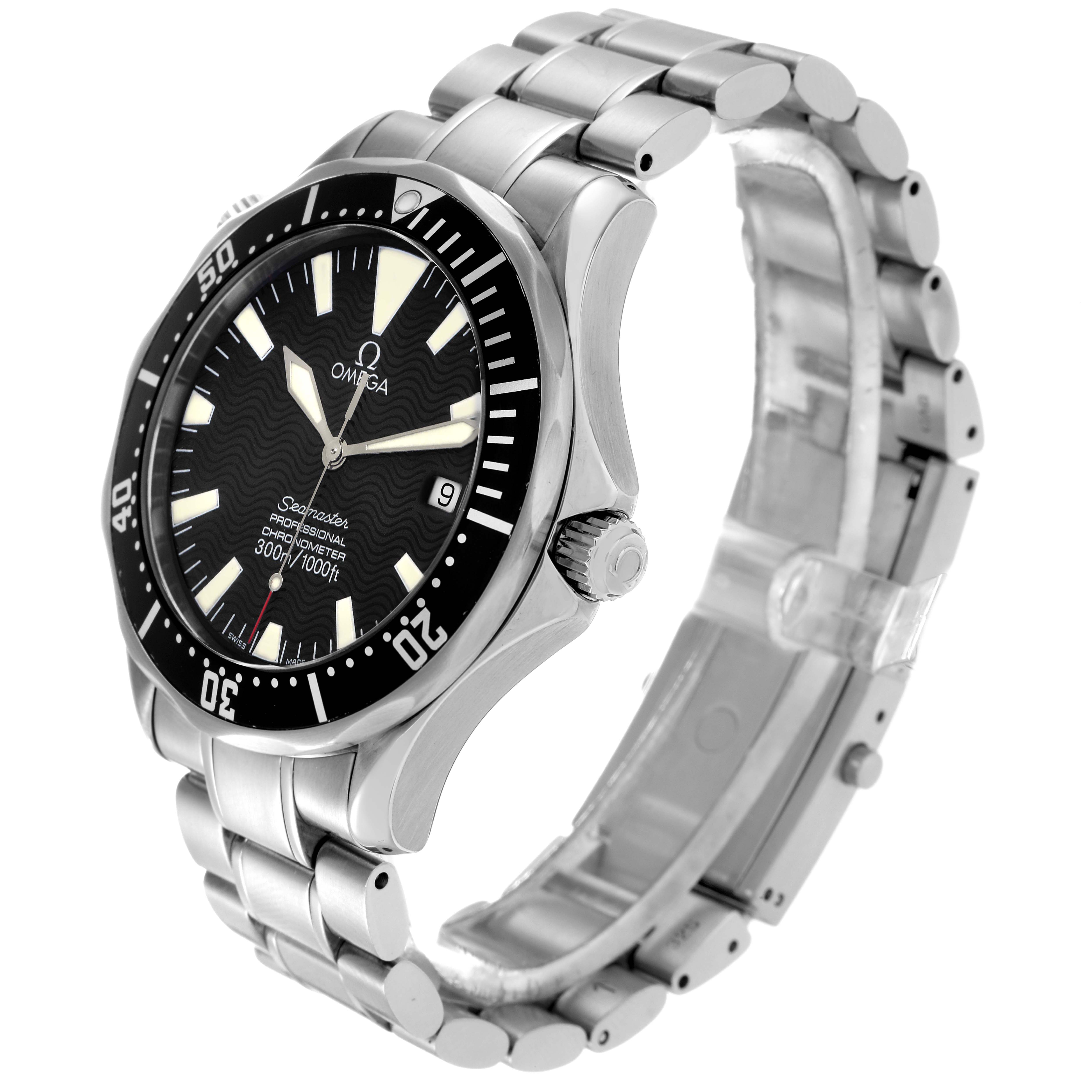 The Omega Seamaster 2254.50.00 Men
s Stainless Steel Black Dial 2254.50.00 Men
s Stainless Steel Black Dial watch is shown at an angled side view, highlighting the face, bezel, and stainless steel bracelet.