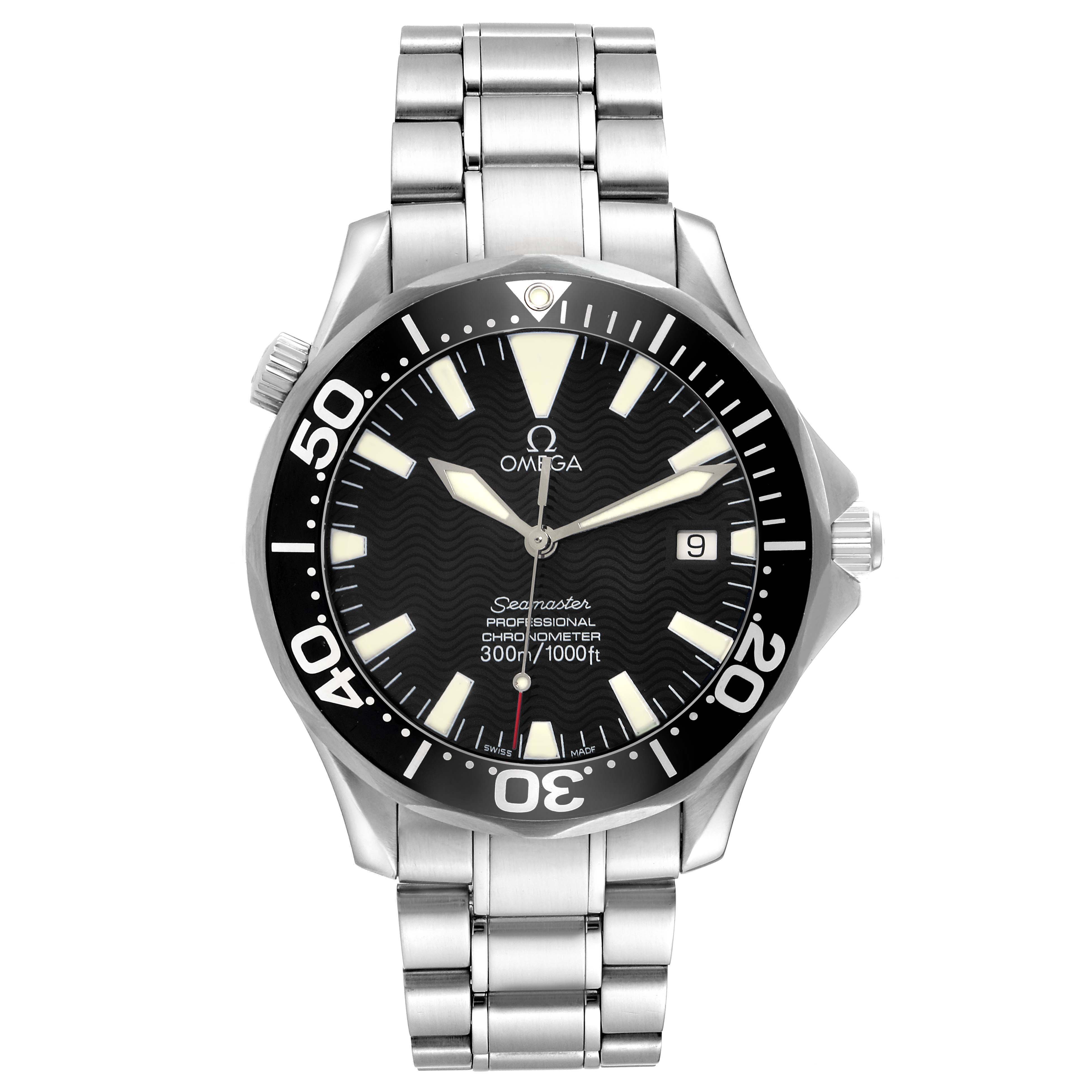 The Omega Seamaster 2254.50.00 Men
s Stainless Steel Black Dial 2254.50.00 Men
s Stainless Steel Black Dial watch is shown from the front, displaying its face, bezel, and stainless steel bracelet.