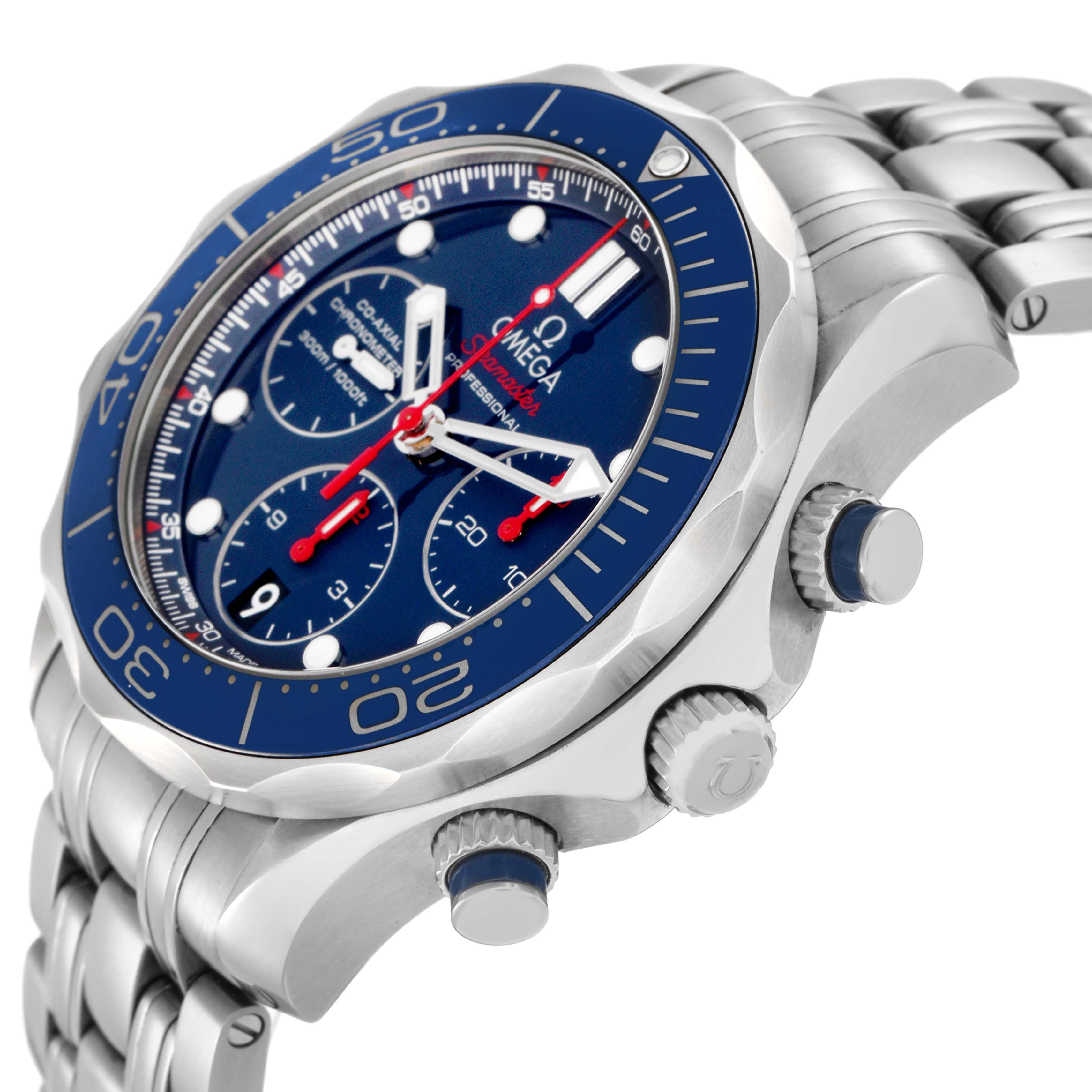 The Omega Seamaster 212.30.42.50.03.001 Men
s Stainless Steel Blue Dial 212.30.42.50.03.001 Men
s Stainless Steel Blue Dial watch is shown from an angled side view, highlighting the bezel, dial, crown, and bracelet.