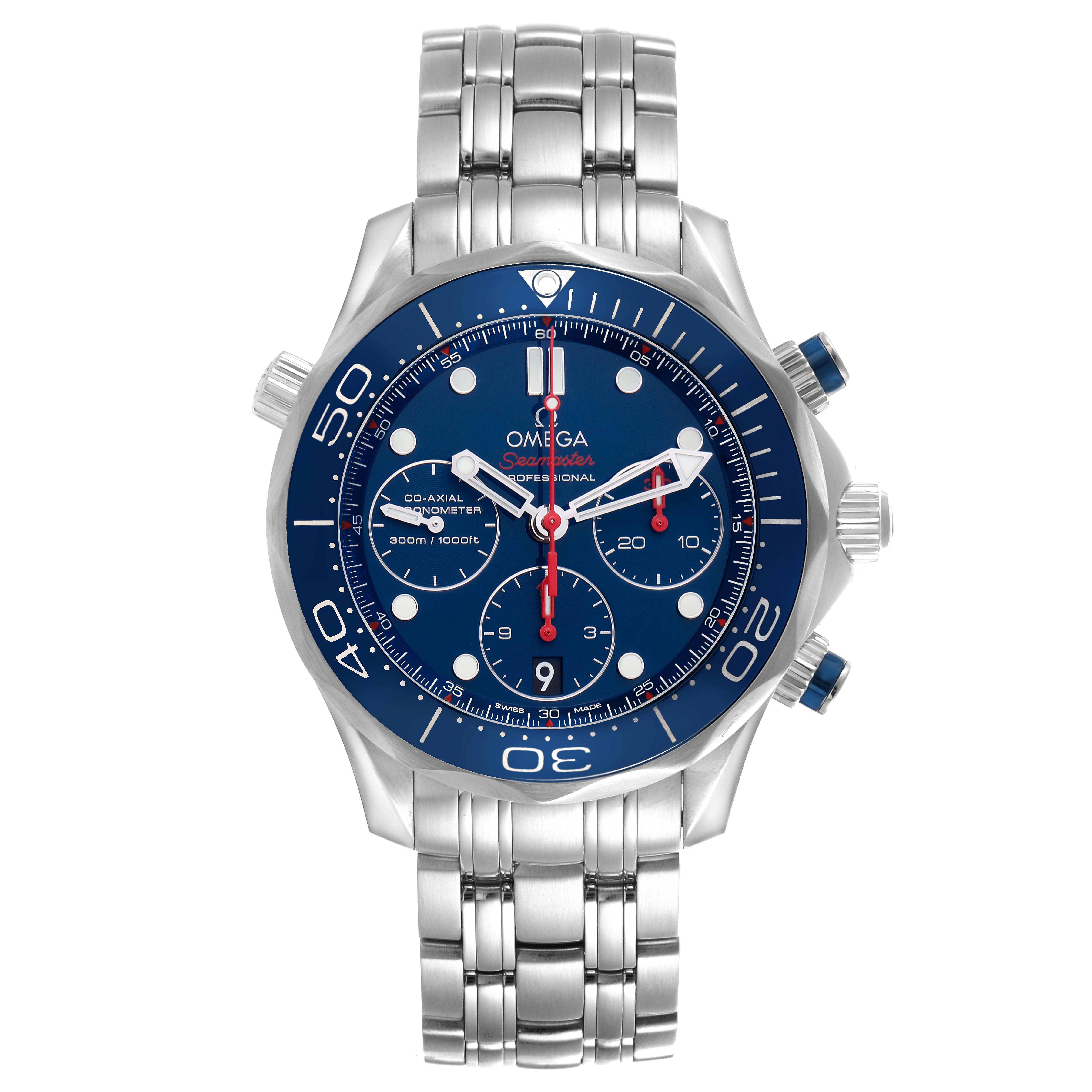 The Omega Seamaster 212.30.42.50.03.001 Men
s Stainless Steel Blue Dial 212.30.42.50.03.001 Men
s Stainless Steel Blue Dial watch is shown from a frontal angle, displaying the face, bezel, bracelet, and side pushers.