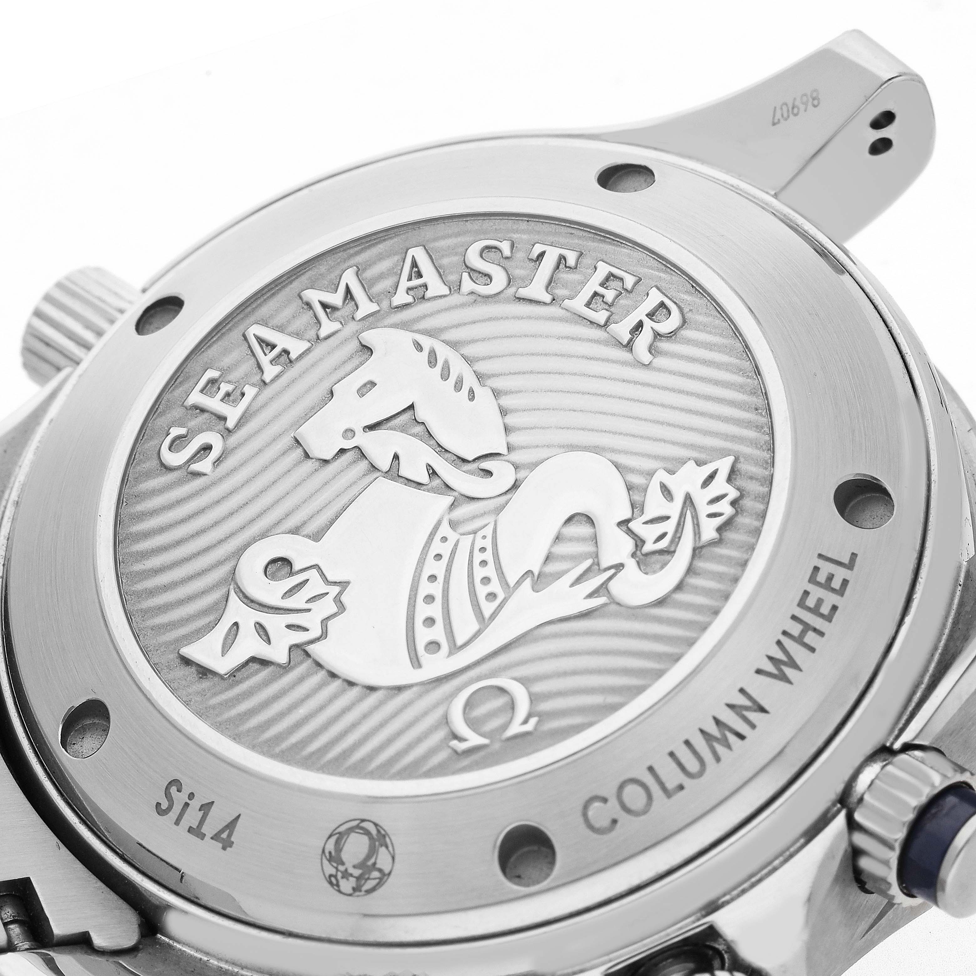 The image shows the engraved case back of an Omega Seamaster 212.30.42.50.03.001 Men
s Stainless Steel Blue Dial 212.30.42.50.03.001 Men
s Stainless Steel Blue Dial watch, highlighting the "Seamaster" logo and decorative elements.