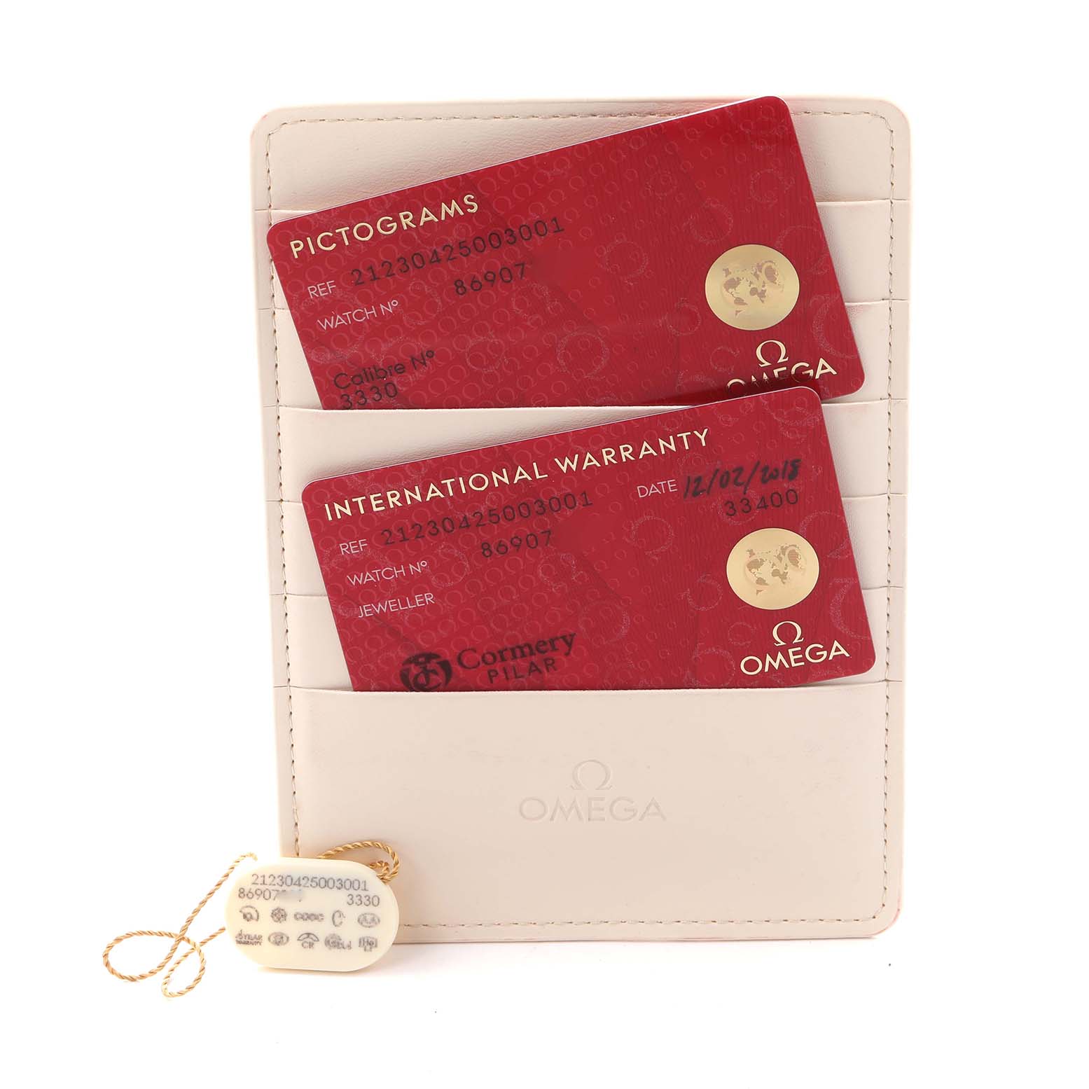 The image shows Omega Seamaster 212.30.42.50.03.001 Men
s Stainless Steel Blue Dial 212.30.42.50.03.001 Men
s Stainless Steel Blue Dial accessories including a warranty card, pictogram card, and a hang tag.