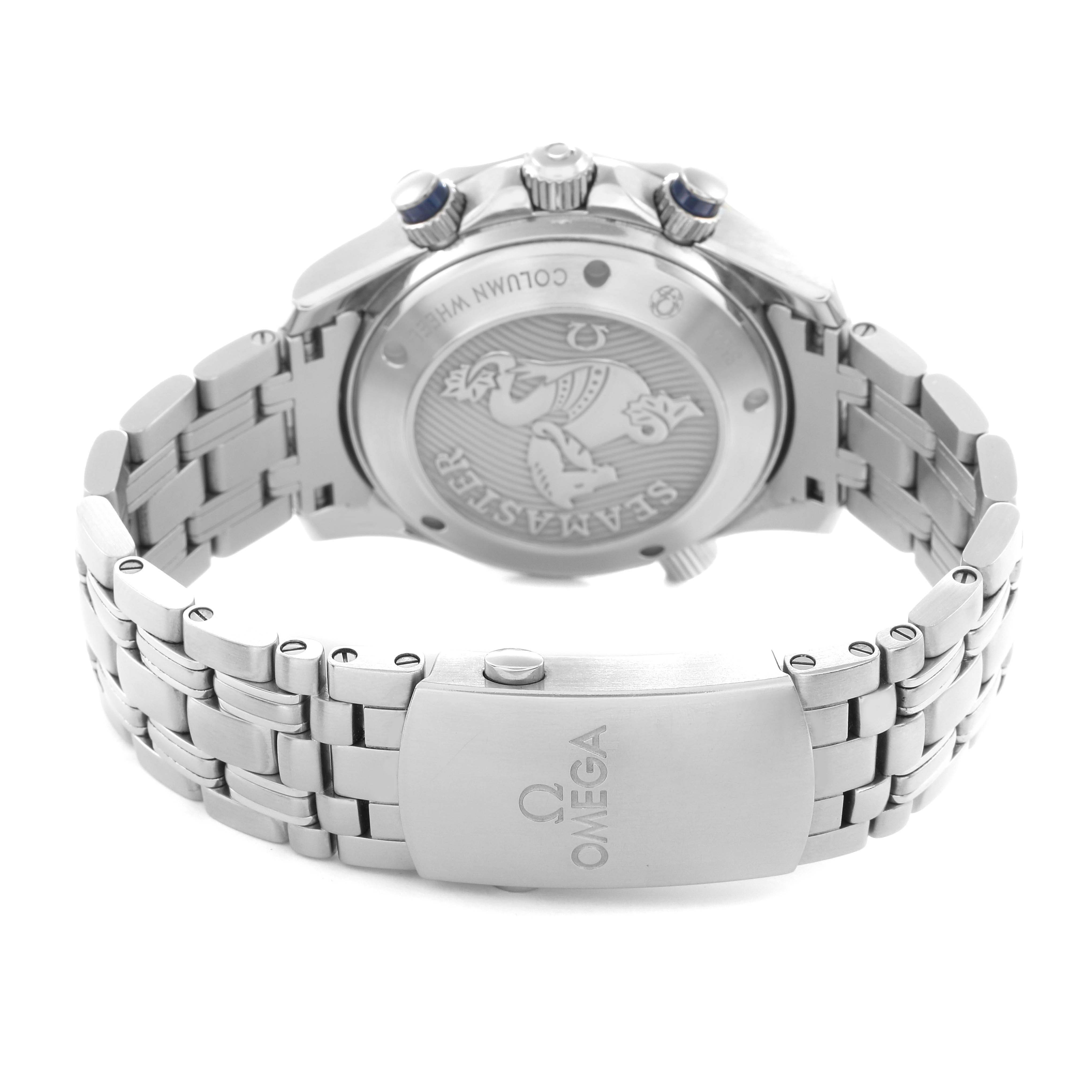 The image shows the back view of an Omega Seamaster 212.30.42.50.03.001 Men
s Stainless Steel Blue Dial 212.30.42.50.03.001 Men
s Stainless Steel Blue Dial, featuring the caseback and stainless steel bracelet with the Omega logo on the clasp.