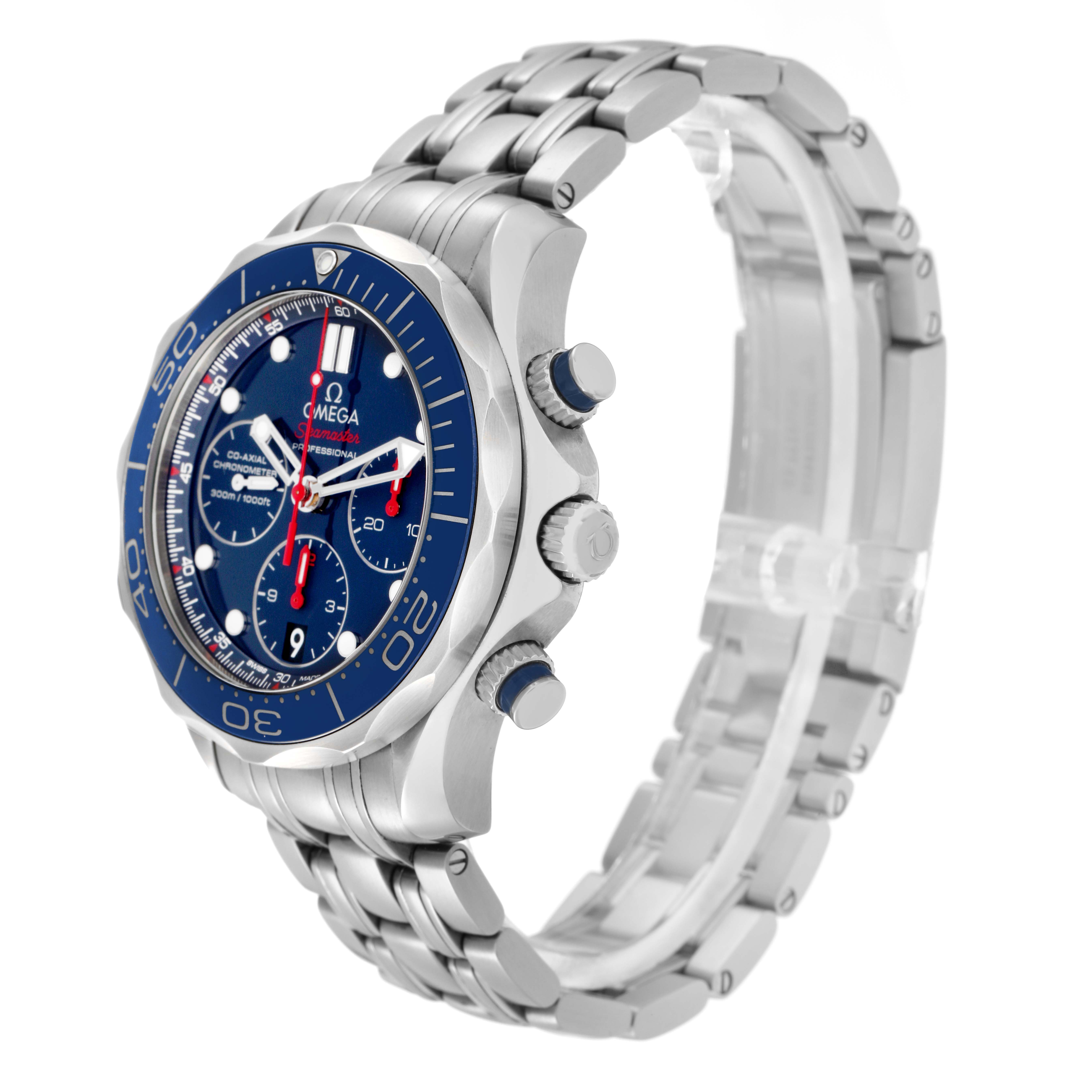 The Omega Seamaster 212.30.42.50.03.001 Men
s Stainless Steel Blue Dial 212.30.42.50.03.001 Men
s Stainless Steel Blue Dial is shown at a three-quarter angle, highlighting the case, bezel, crown, pushers, and bracelet.