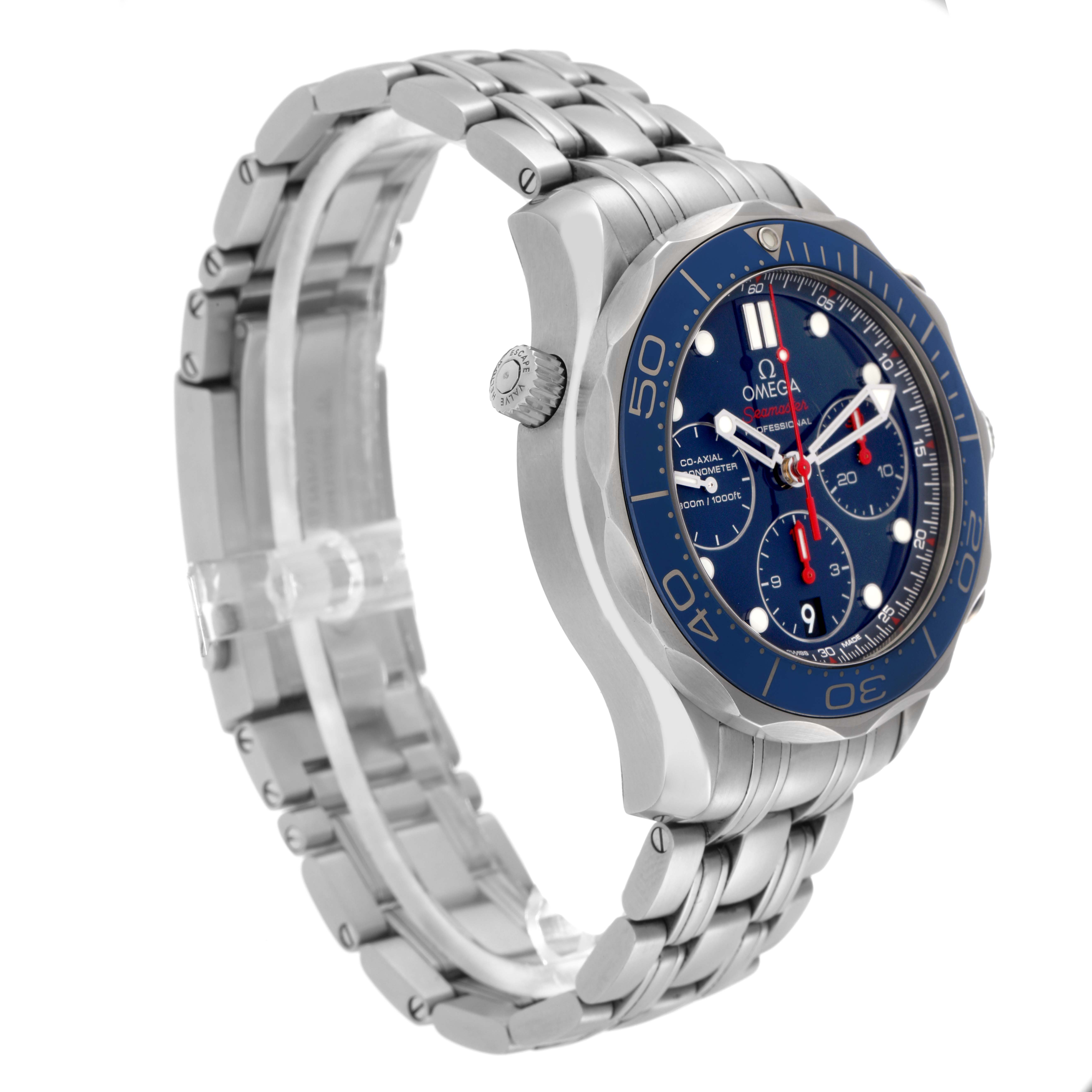 The Omega Seamaster 212.30.42.50.03.001 Men
s Stainless Steel Blue Dial 212.30.42.50.03.001 Men
s Stainless Steel Blue Dial watch is shown from a side angle, highlighting the bezel, crown, and part of the bracelet.