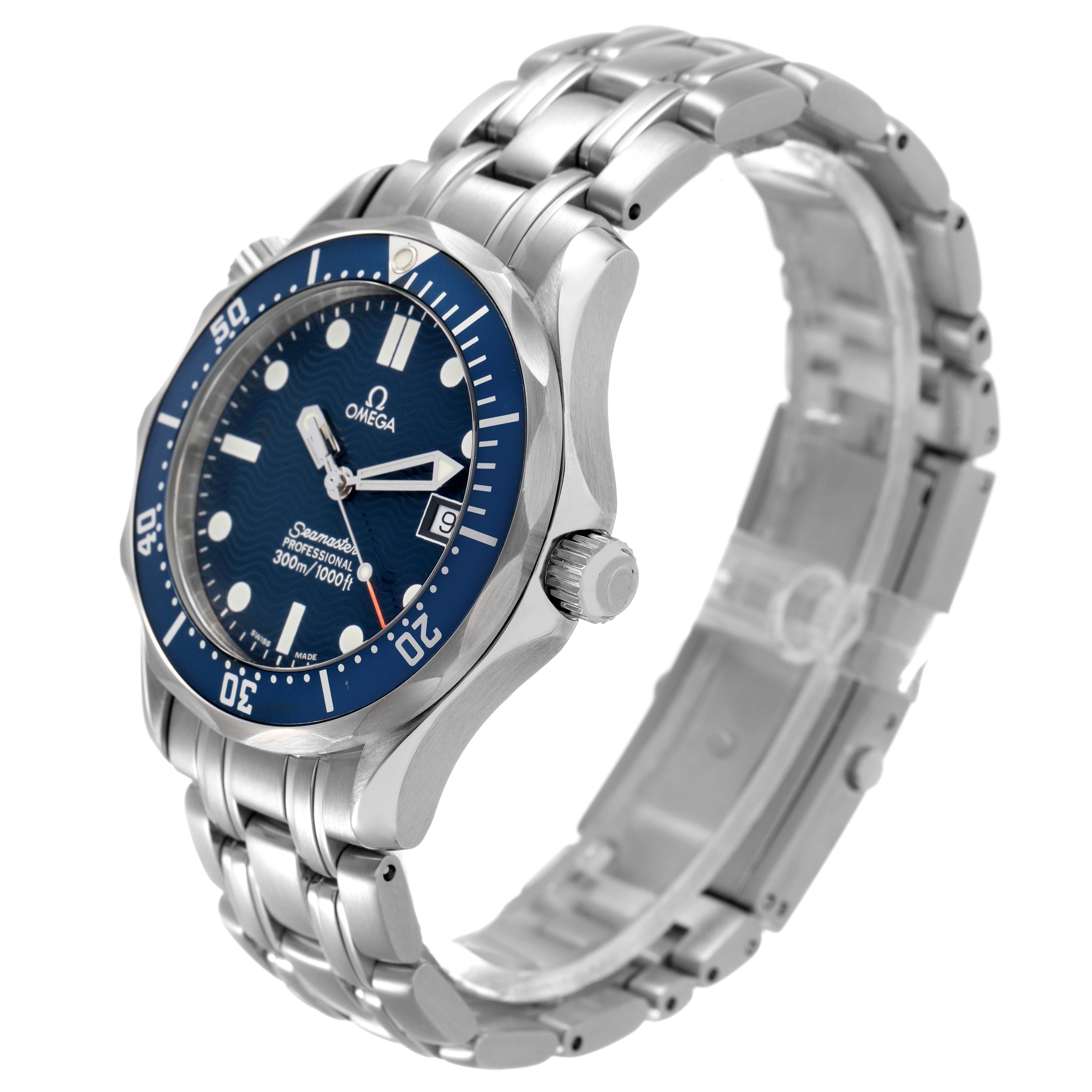 The Omega Seamaster 2561.80.00 Men's Stainless Steel Blue Dial watch is shown at a three-quarter angle, highlighting the bezel, dial, and stainless steel bracelet.