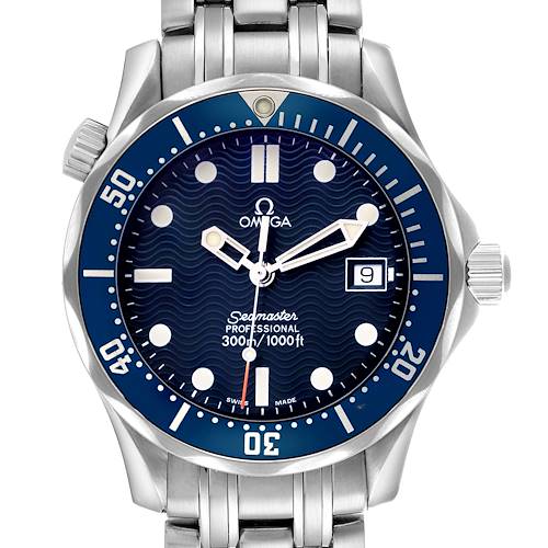 The Omega Seamaster 2561.80.00 Men's Stainless Steel Blue Dial watch is shown from the front, highlighting its face, bezel, bracelet, and crown.