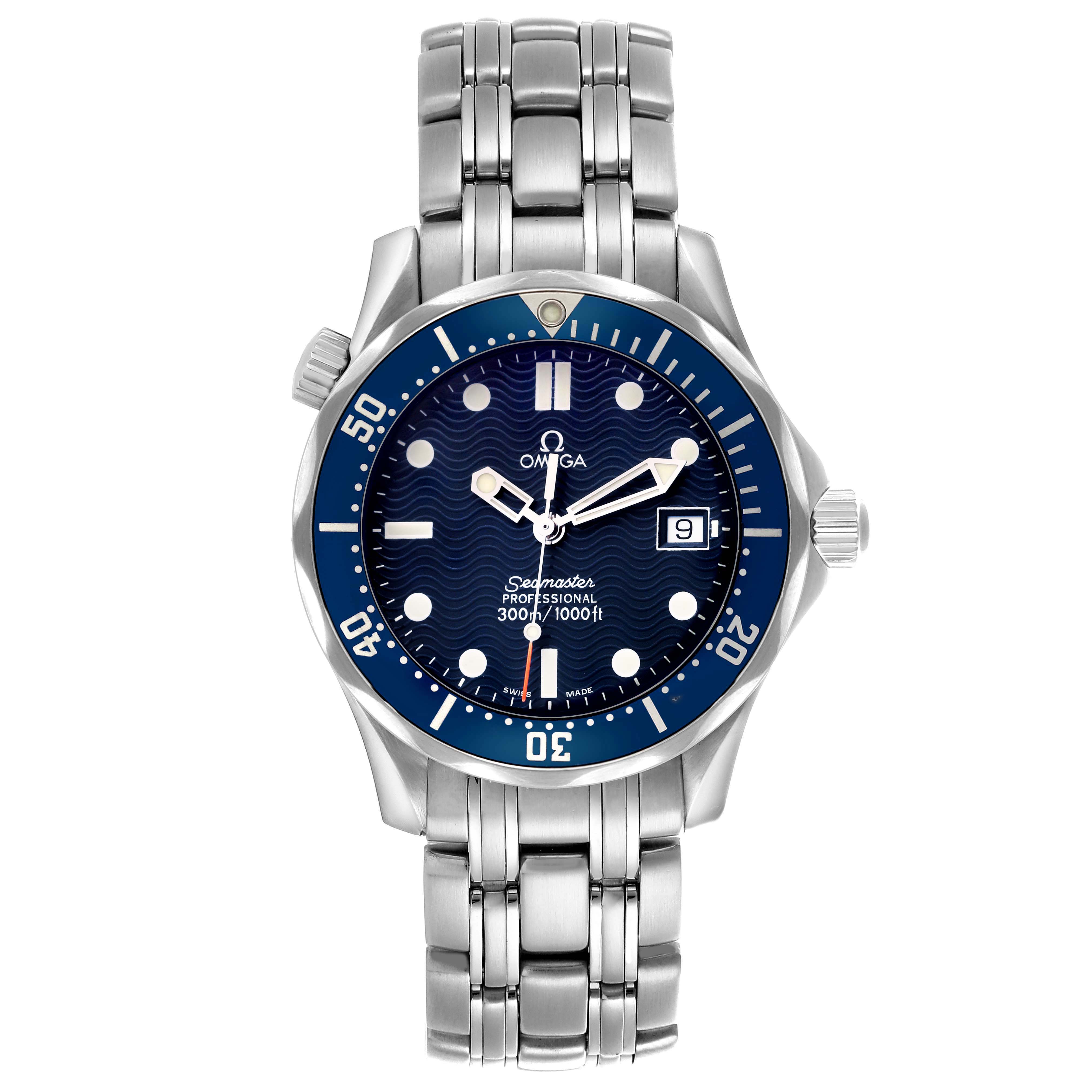 The Omega Seamaster 2561.80.00 Men's Stainless Steel Blue Dial watch is shown from a top-down angle, displaying its face, bezel, crown, and bracelet.