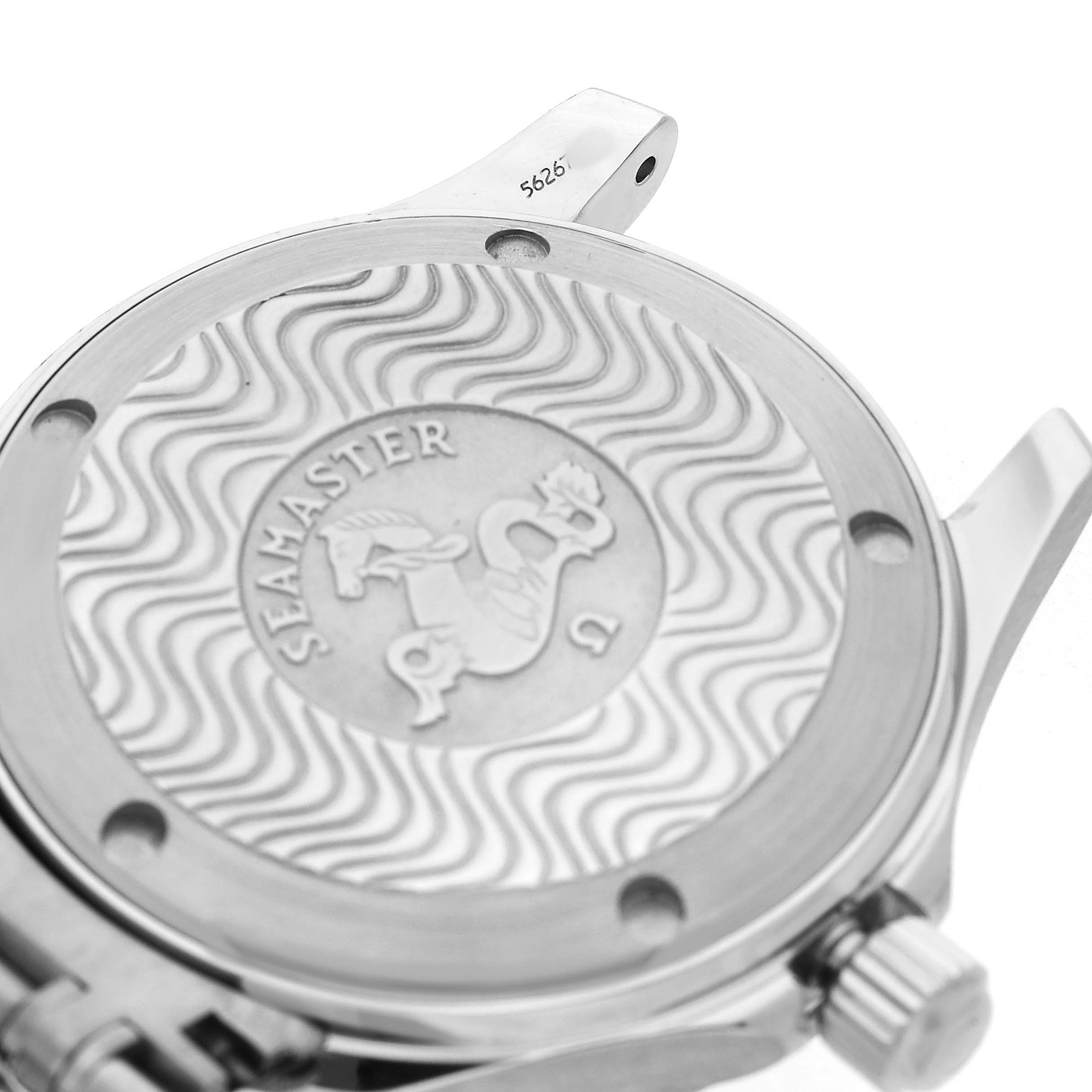 The image shows the back of an Omega Seamaster 2561.80.00 Men's Stainless Steel Blue Dial watch, highlighting the decorative case back and side lugs.
