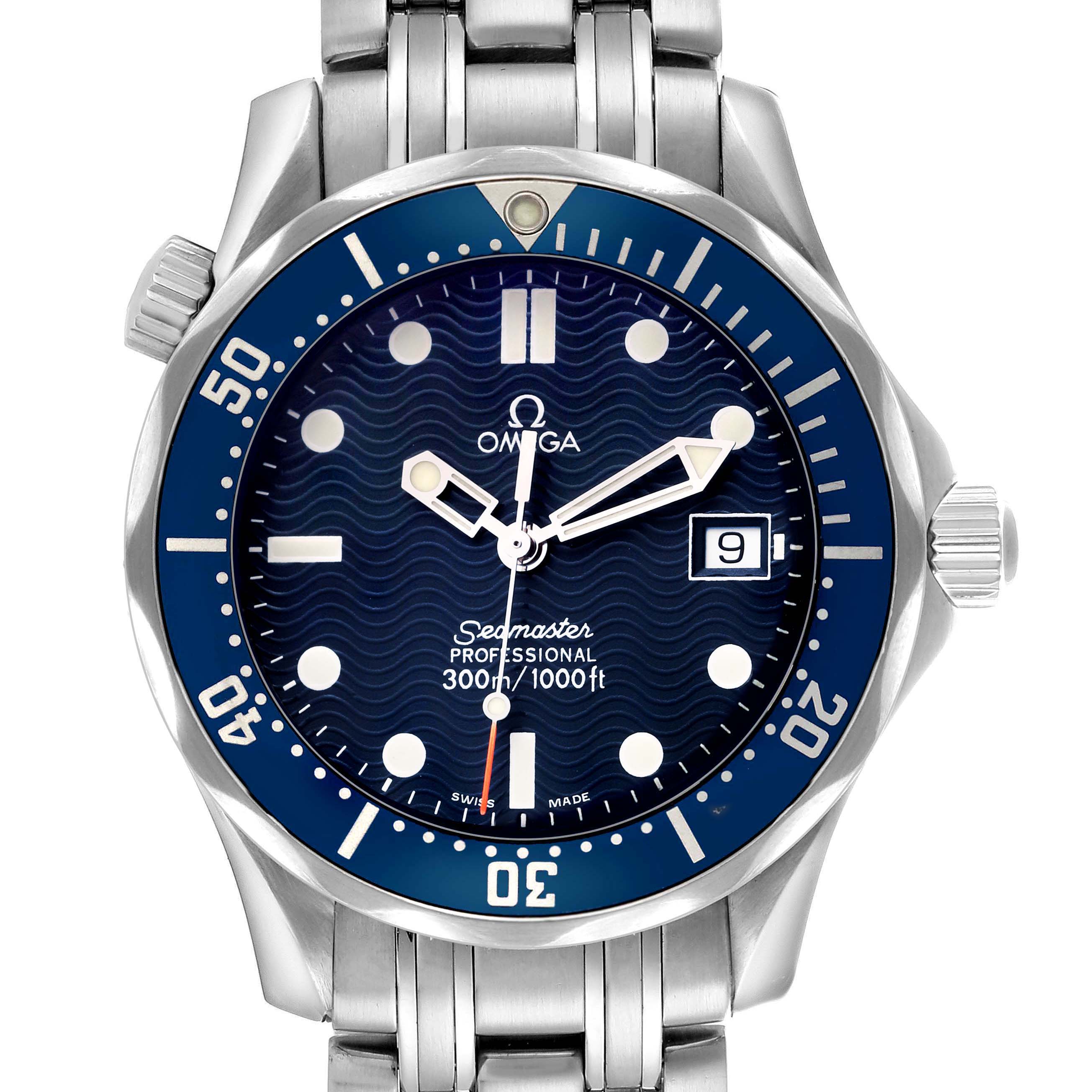The Omega Seamaster 2561.80.00 Men's Stainless Steel Blue Dial watch is shown from the front, highlighting the dial, bezel, crown, and bracelet.