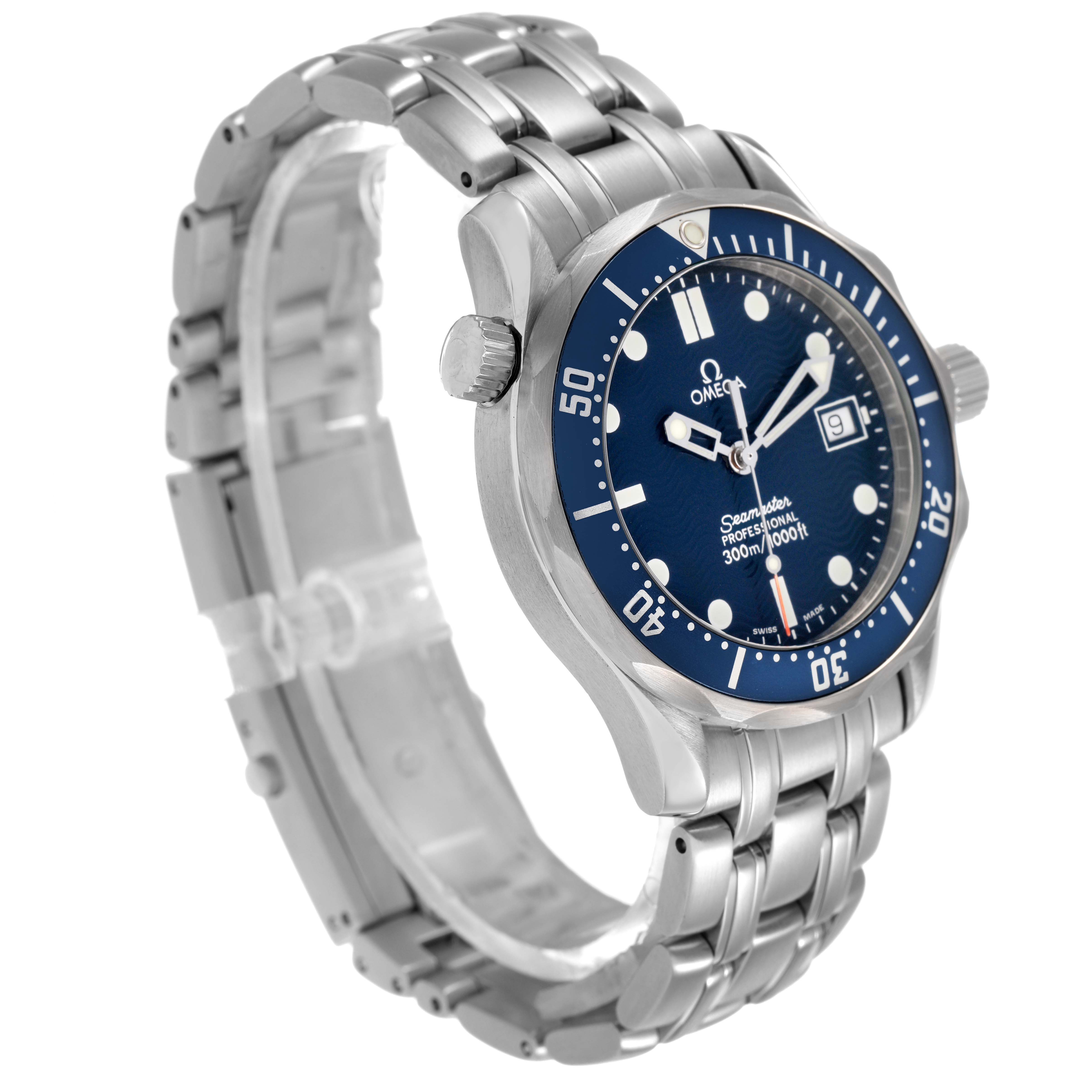 The Omega Seamaster 2561.80.00 Men's Stainless Steel Blue Dial watch is shown at an angled side view, highlighting its bezel, dial, crown, and bracelet.