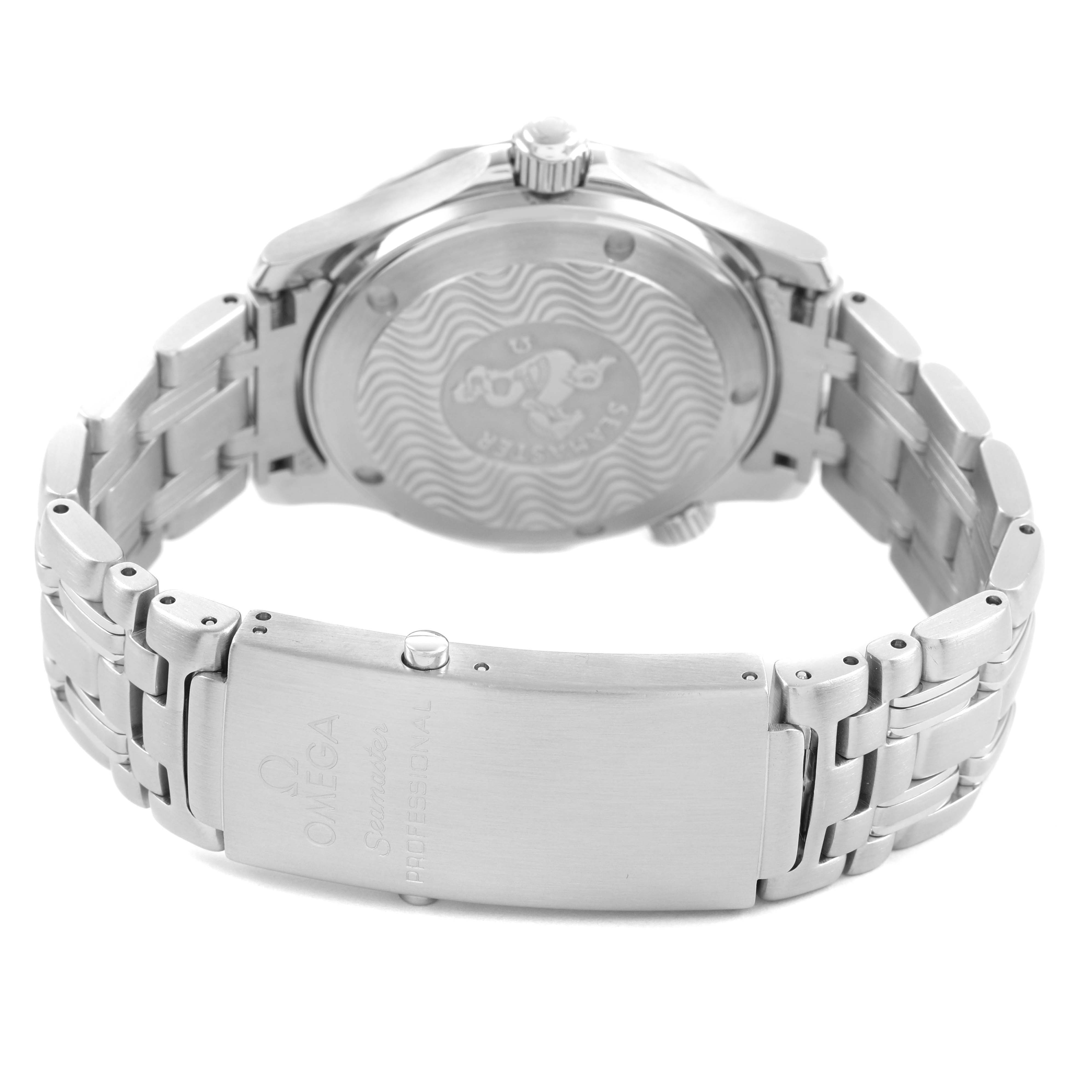 The image shows the back view of the Omega Seamaster 2561.80.00 Men's Stainless Steel Blue Dial watch, highlighting the case back, bracelet, and clasp.