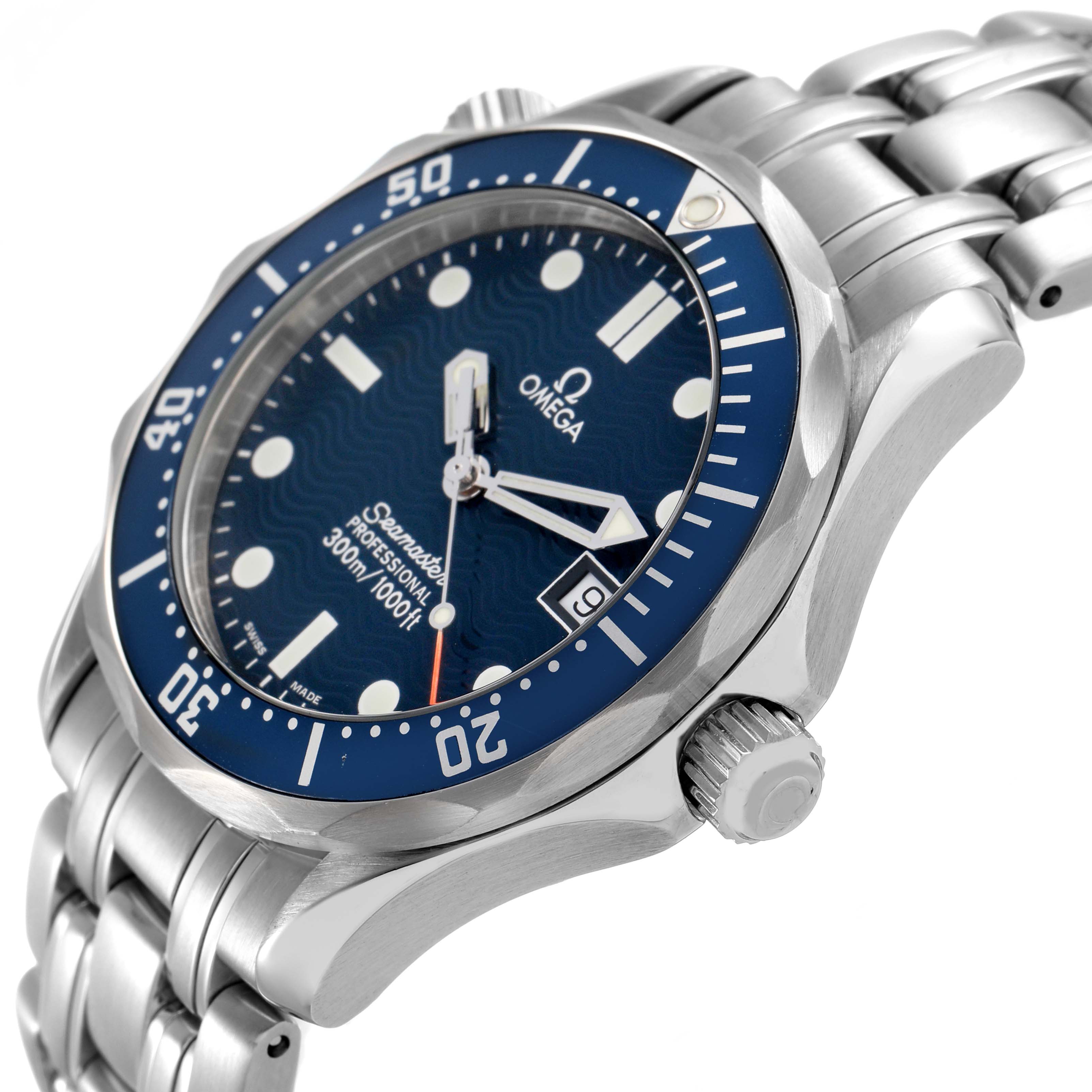 The Omega Seamaster 2561.80.00 Men's Stainless Steel Blue Dial watch is shown at an angled side view, highlighting the blue bezel, dial, crown, and metal bracelet.