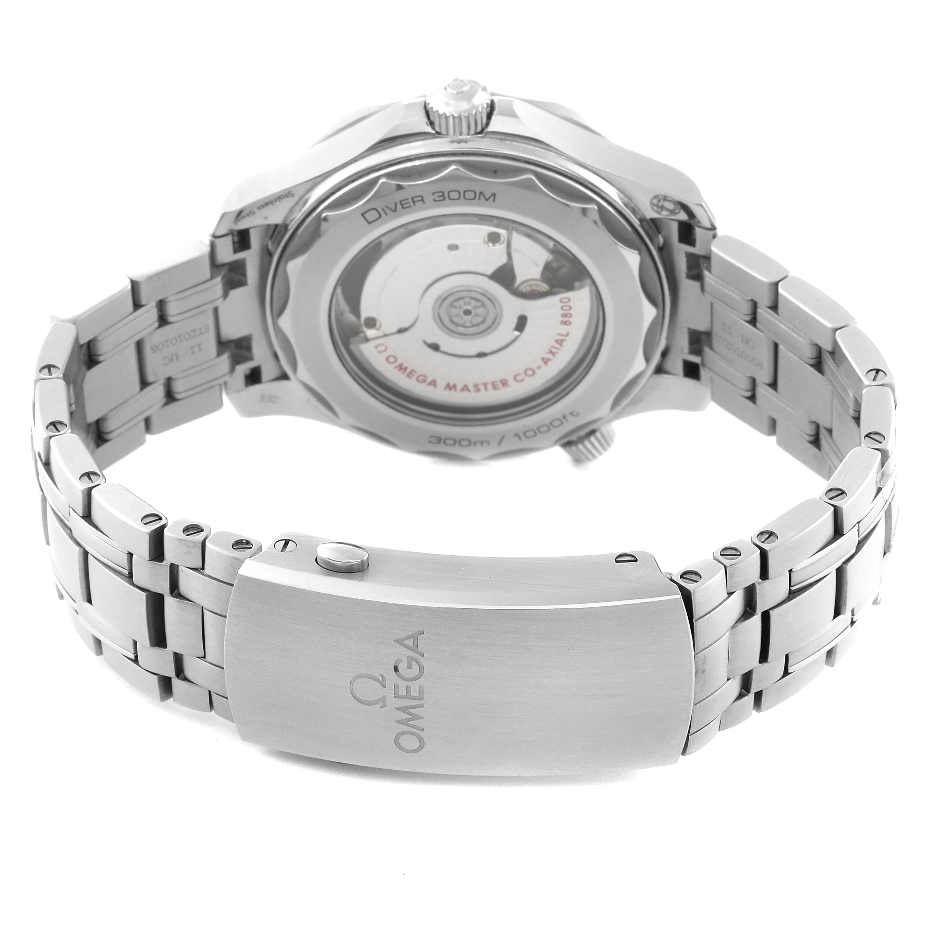 The image shows the back view of the Omega Seamaster 210.30.42.20.06.001 Men's Stainless Steel Grey Dial 210.30.42.20.06.001 Men's Stainless Steel Grey Dial watch, highlighting the clasp and exhibition caseback.