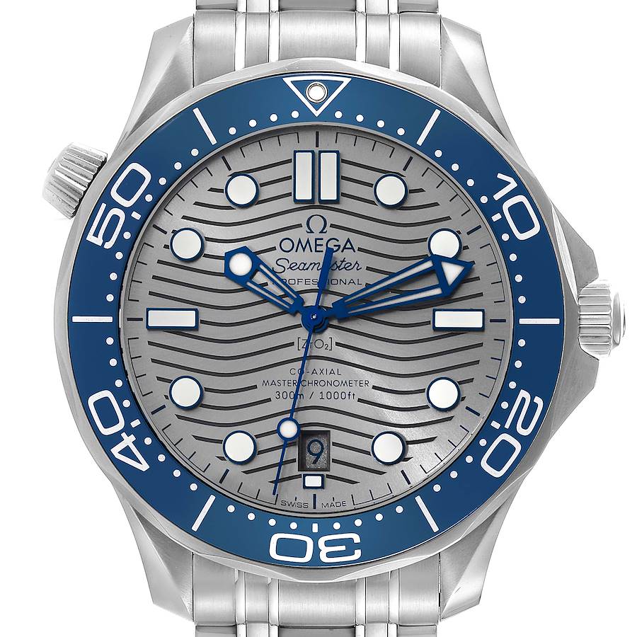 The image shows a front view of the Omega Seamaster watch, highlighting its dial, bezel, and stainless steel bracelet.