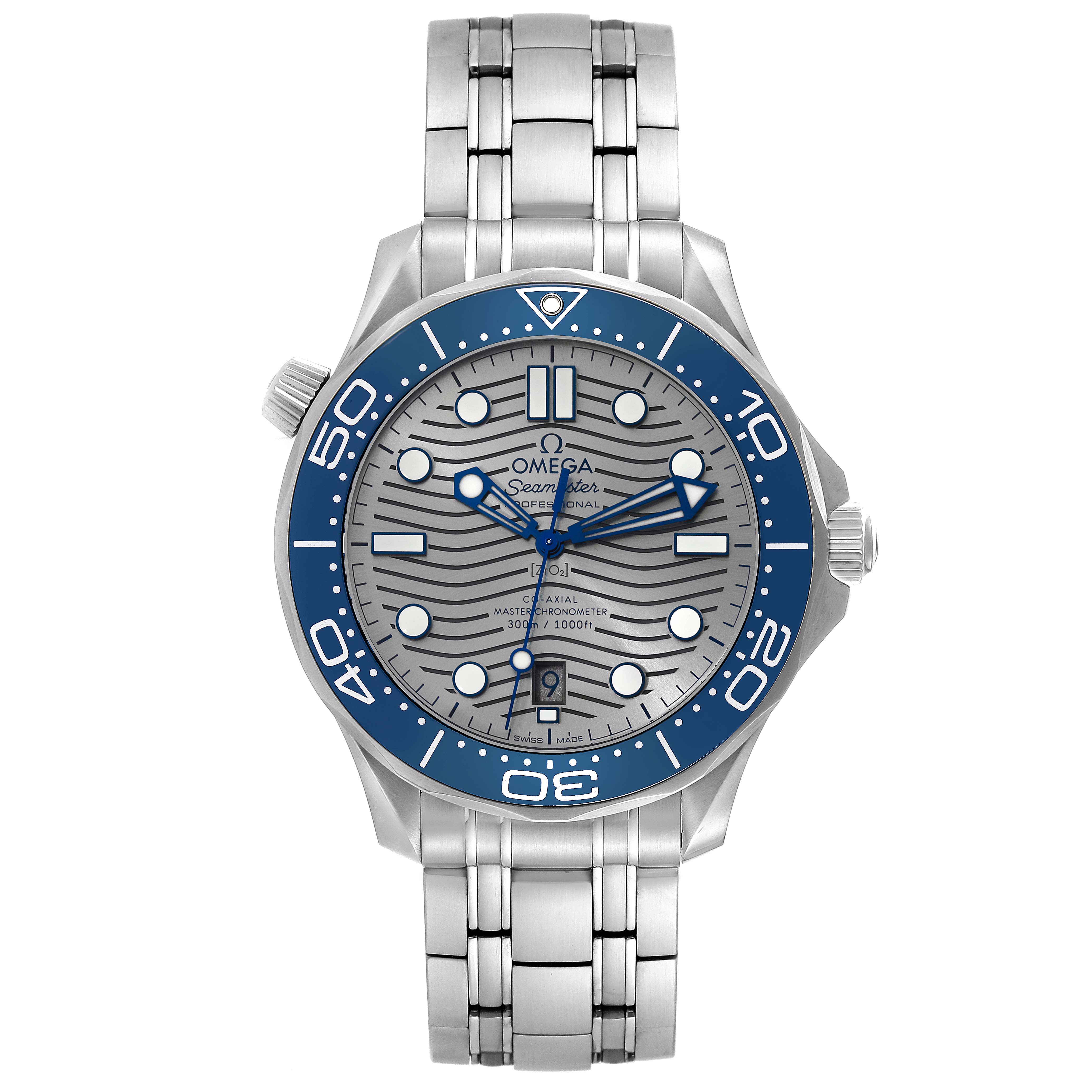 This image shows a frontal angle of the Omega Seamaster 210.30.42.20.06.001 Men's Stainless Steel Grey Dial 210.30.42.20.06.001 Men's Stainless Steel Grey Dial watch, highlighting the dial, bezel, crown, and stainless steel bracelet.