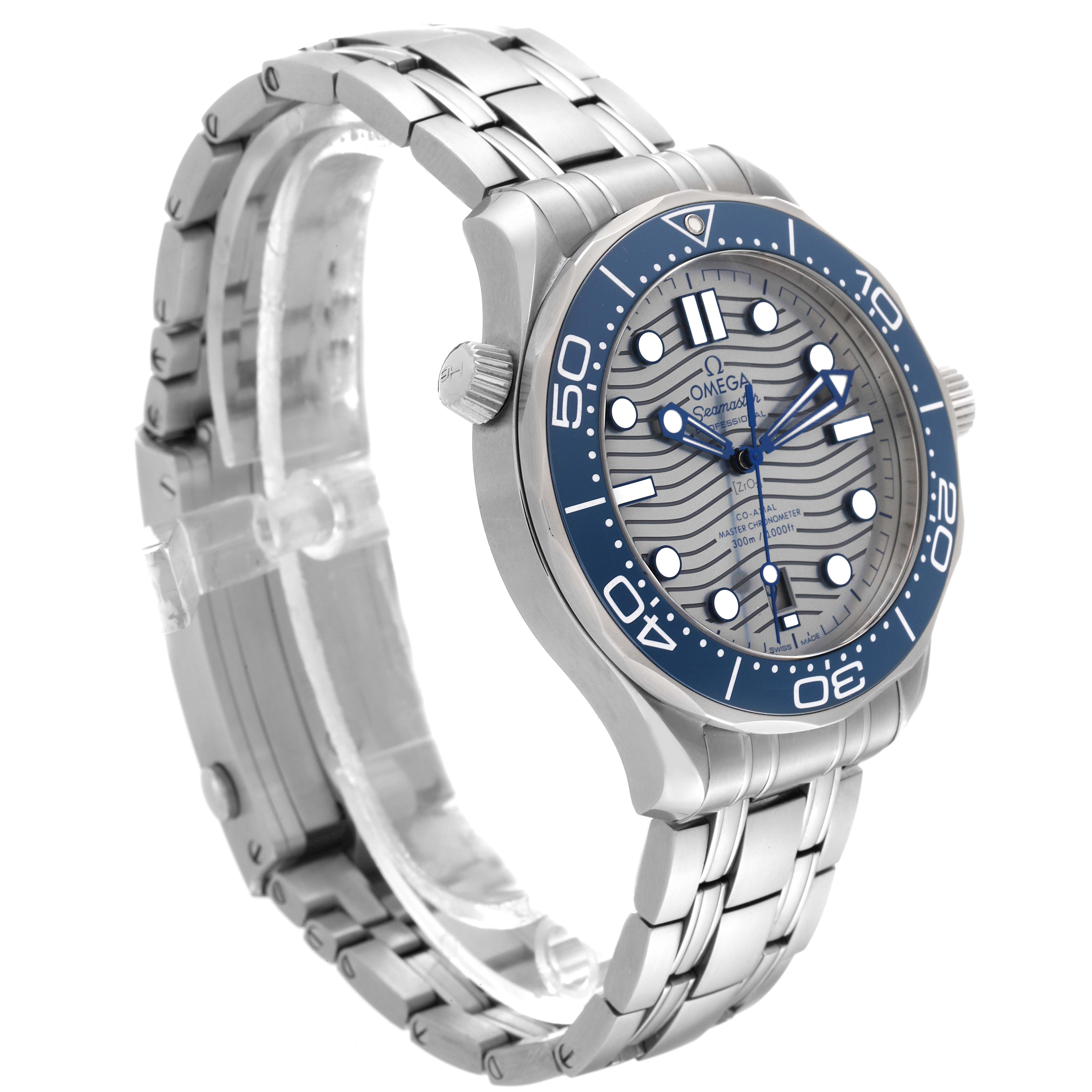 The image shows an Omega Seamaster 210.30.42.20.06.001 Men's Stainless Steel Grey Dial 210.30.42.20.06.001 Men's Stainless Steel Grey Dial watch at a three-quarter angle, displaying its dial, bezel, crown, and bracelet.