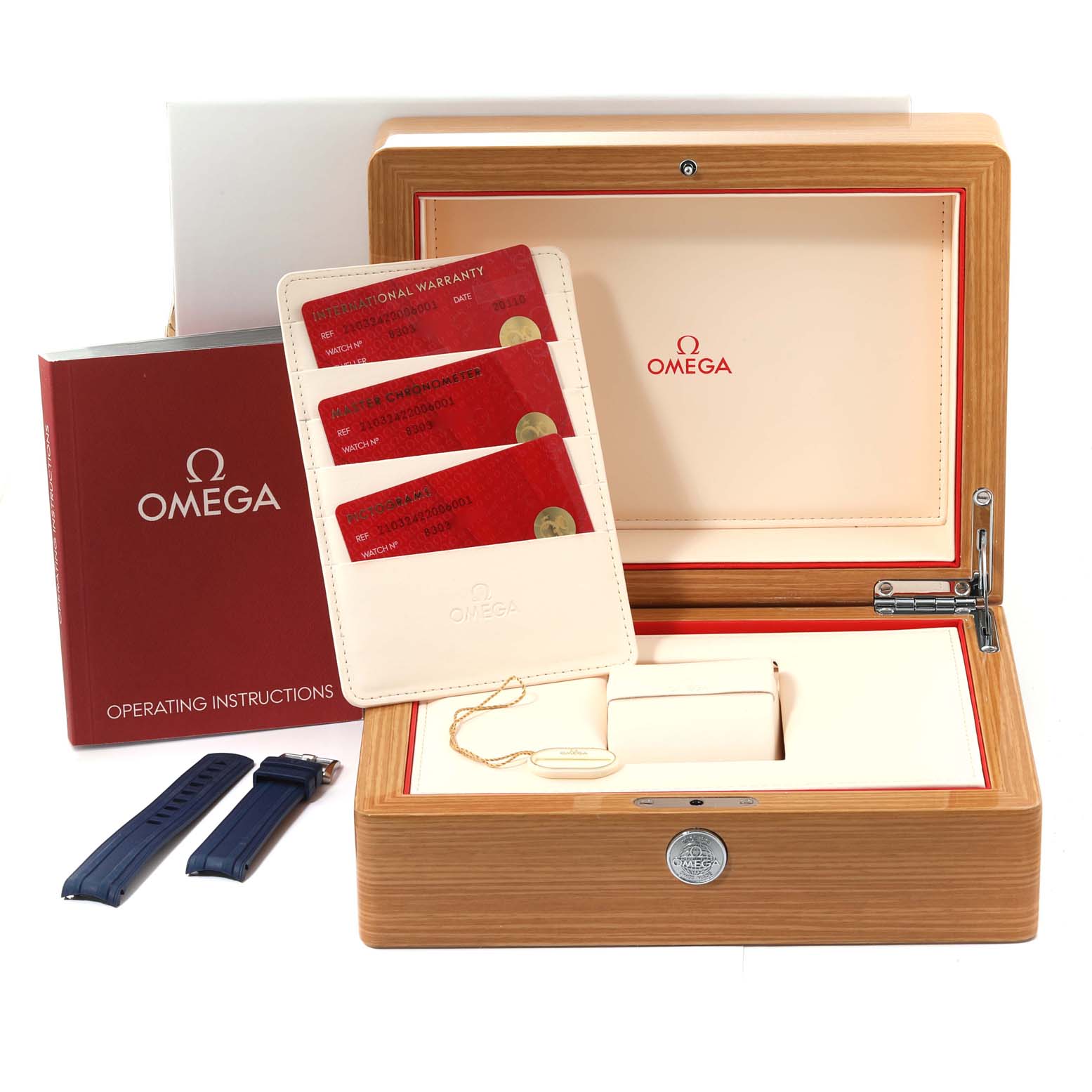 The image shows an Omega Seamaster 210.30.42.20.06.001 Men's Stainless Steel Grey Dial 210.30.42.20.06.001 Men's Stainless Steel Grey Dial watch box, international warranty cards, operating instructions, and additional straps.