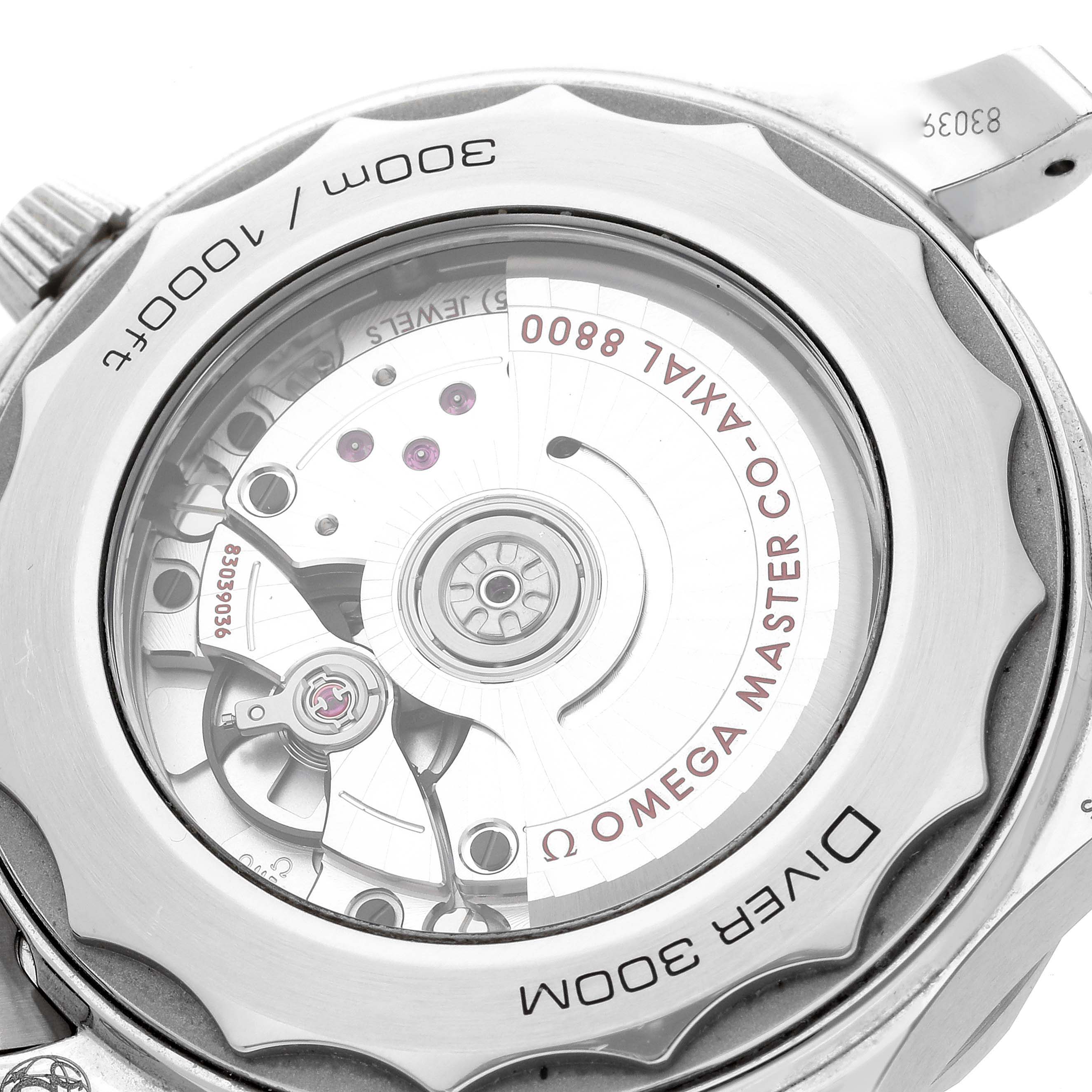 The image shows the back view of the Omega Seamaster 210.30.42.20.06.001 Men's Stainless Steel Grey Dial 210.30.42.20.06.001 Men's Stainless Steel Grey Dial, highlighting the visible automatic movement and the engraved details.