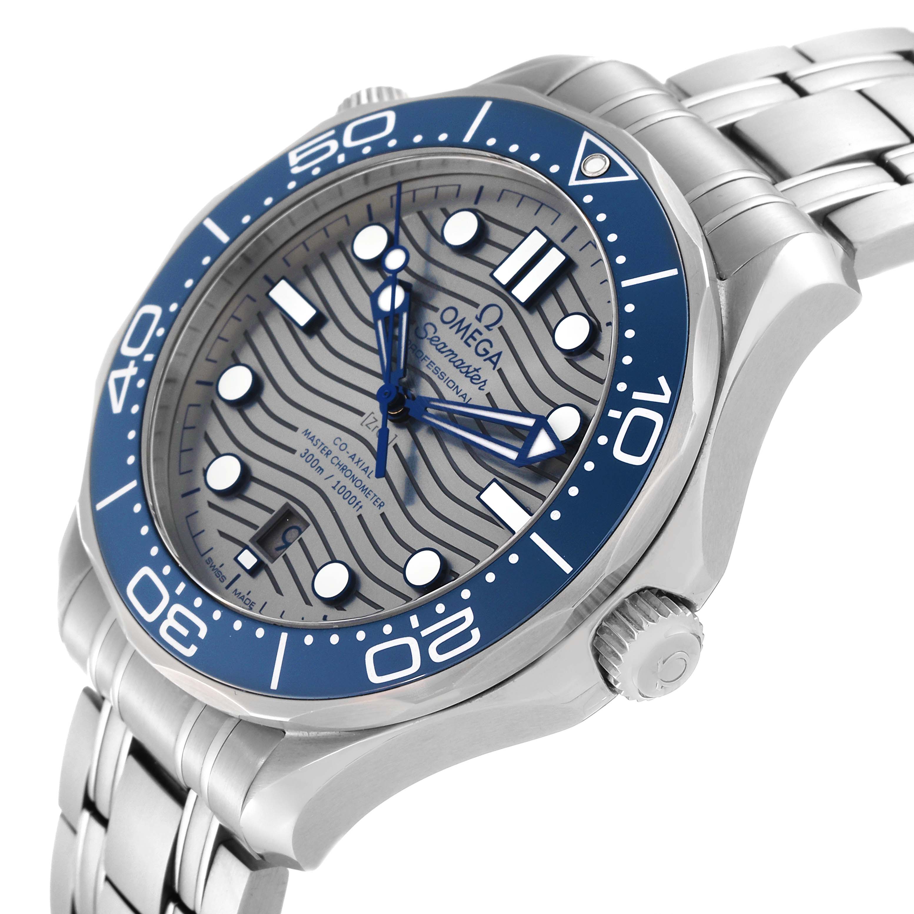 The image shows a side view angle of the Omega Seamaster 210.30.42.20.06.001 Men's Stainless Steel Grey Dial 210.30.42.20.06.001 Men's Stainless Steel Grey Dial watch, highlighting its face, bezel, crown, and part of the bracelet.