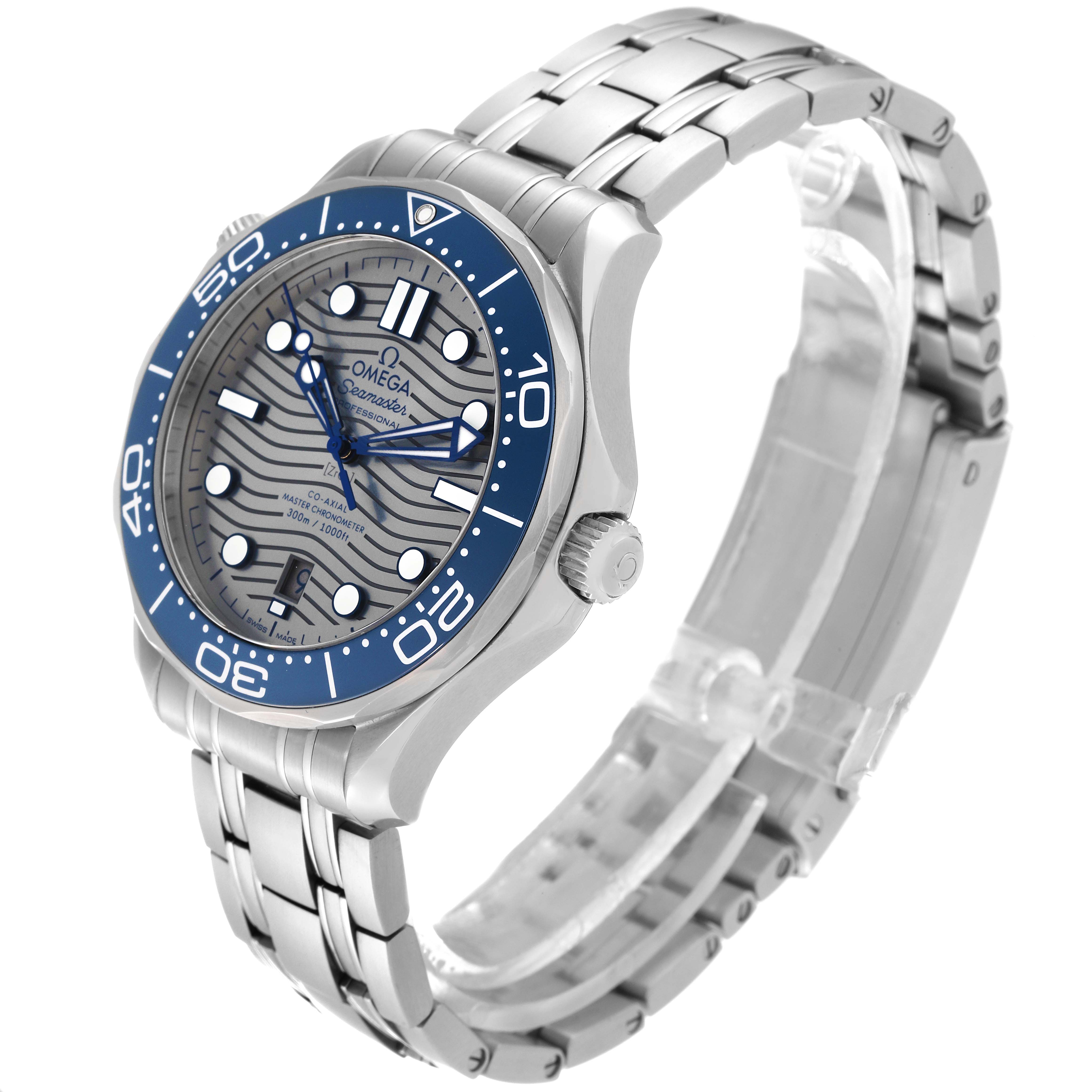 The Omega Seamaster 210.30.42.20.06.001 Men's Stainless Steel Grey Dial 210.30.42.20.06.001 Men's Stainless Steel Grey Dial watch is shown at an angle displaying the face, bezel, crown, and the linked stainless steel band.