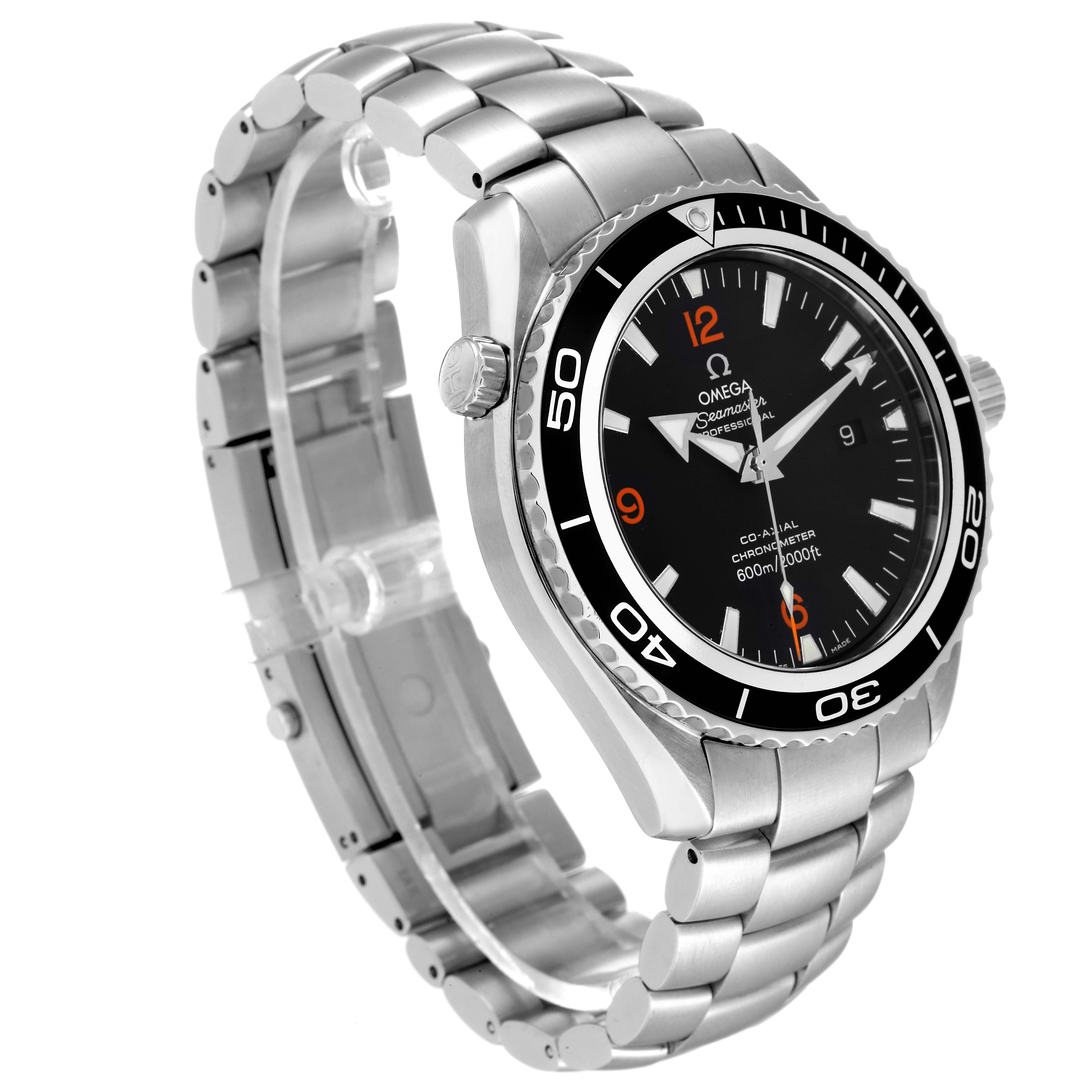 The Omega Planet Ocean 2200.51.00 Men's Stainless Steel Black Dial 2200.51.00 Men's Stainless Steel Black Dial watch is displayed at a 3/4 angle, showing the dial, bezel, case, crown, and stainless steel bracelet.