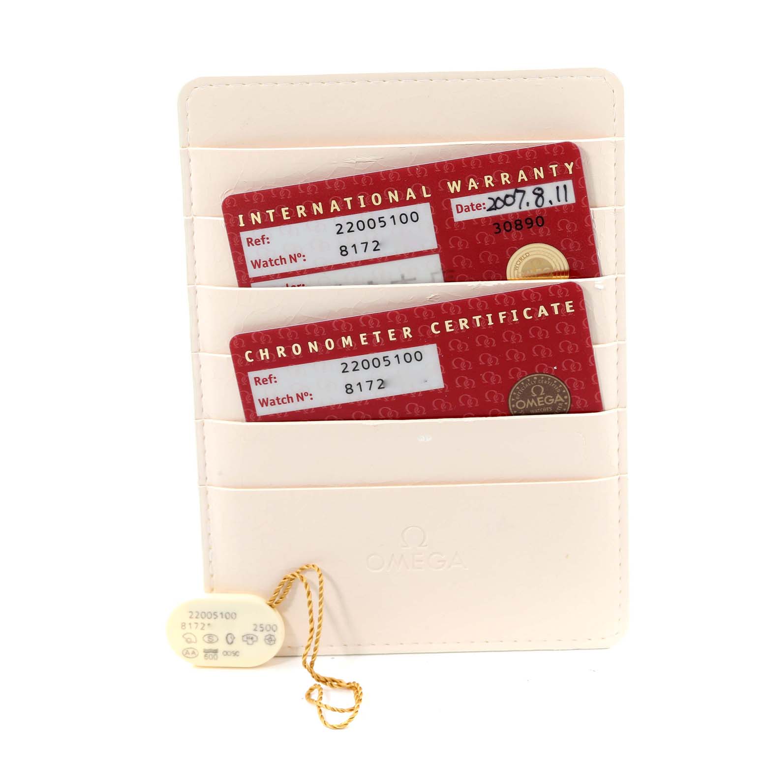 The image shows the warranty and chronometer certificate cards along with a tag for the Omega Planet Ocean 2200.51.00 Men's Stainless Steel Black Dial 2200.51.00 Men's Stainless Steel Black Dial watch, displayed in a wallet.