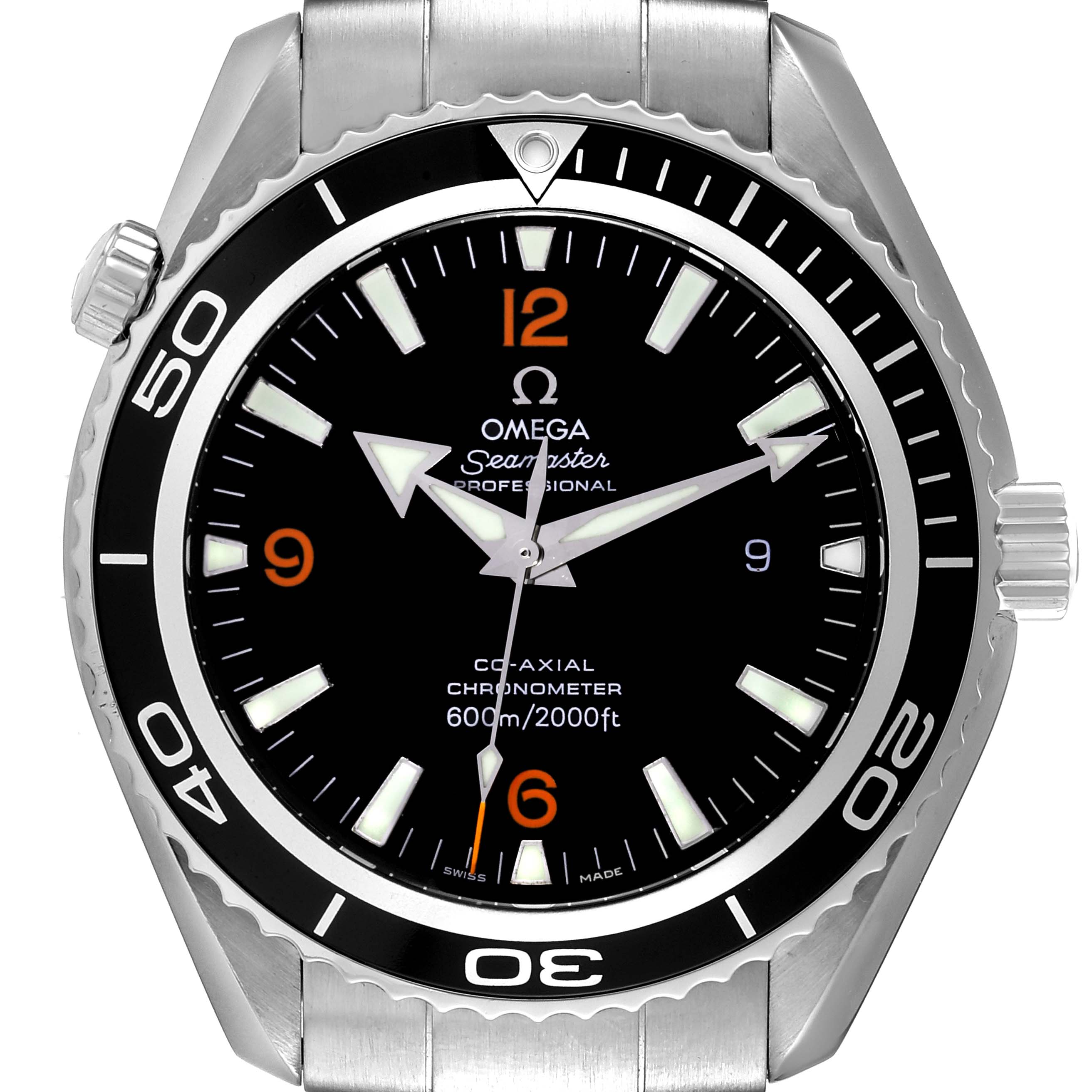 The image shows the front view of the Omega Planet Ocean 2200.51.00 Men's Stainless Steel Black Dial 2200.51.00 Men's Stainless Steel Black Dial Seamaster watch, displaying its dial, bezel, and crown.