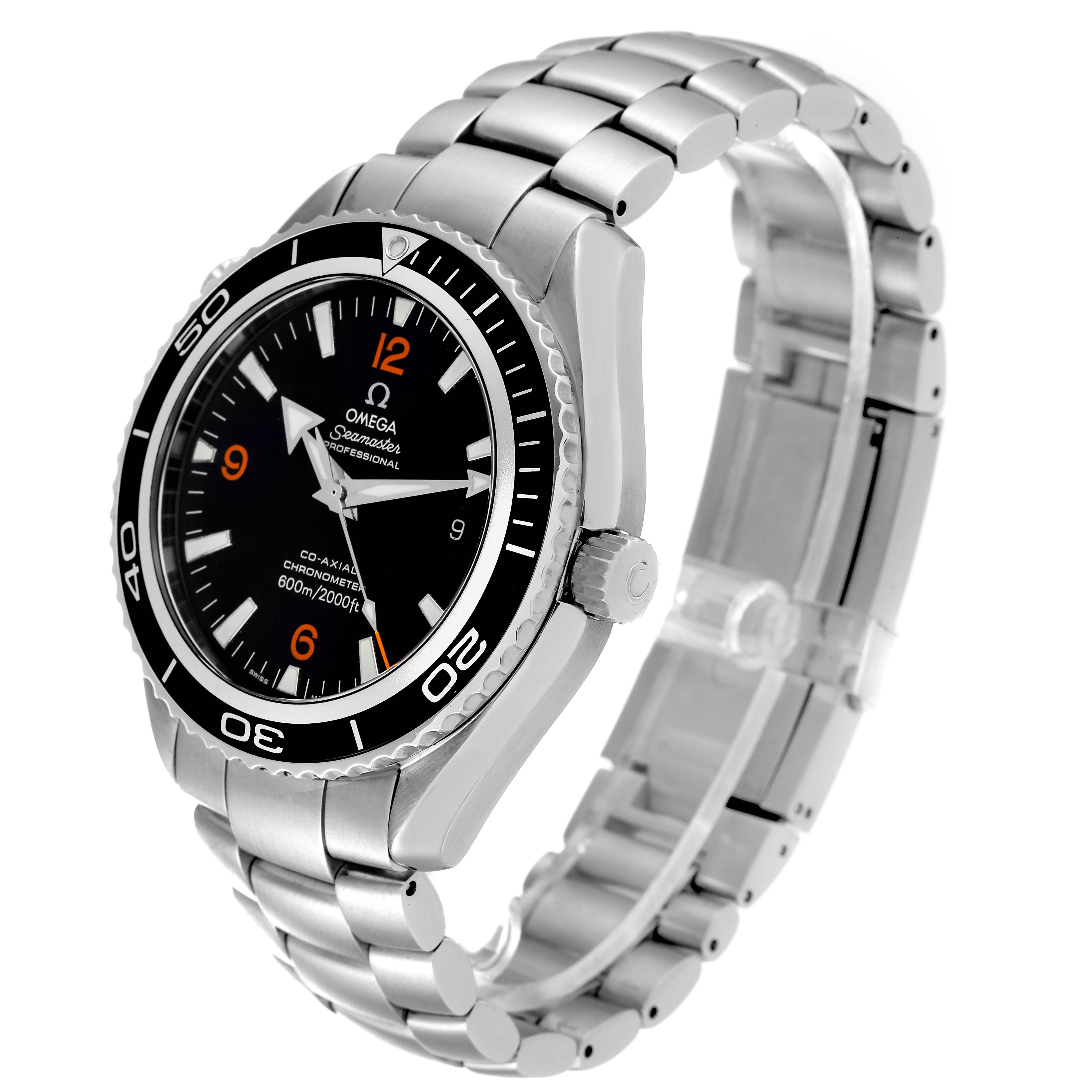 The image shows an Omega Planet Ocean 2200.51.00 Men's Stainless Steel Black Dial 2200.51.00 Men's Stainless Steel Black Dial watch at an angled side view, highlighting the face, bezel, crown, and stainless steel bracelet.