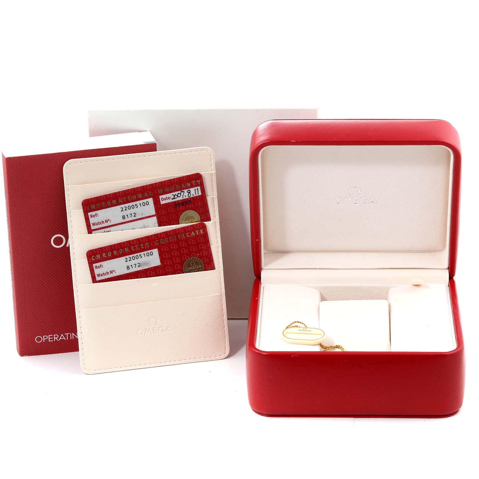 The image shows the Omega Planet Ocean 2200.51.00 Men's Stainless Steel Black Dial 2200.51.00 Men's Stainless Steel Black Dial watch box, two certification cards, and the operating manual.