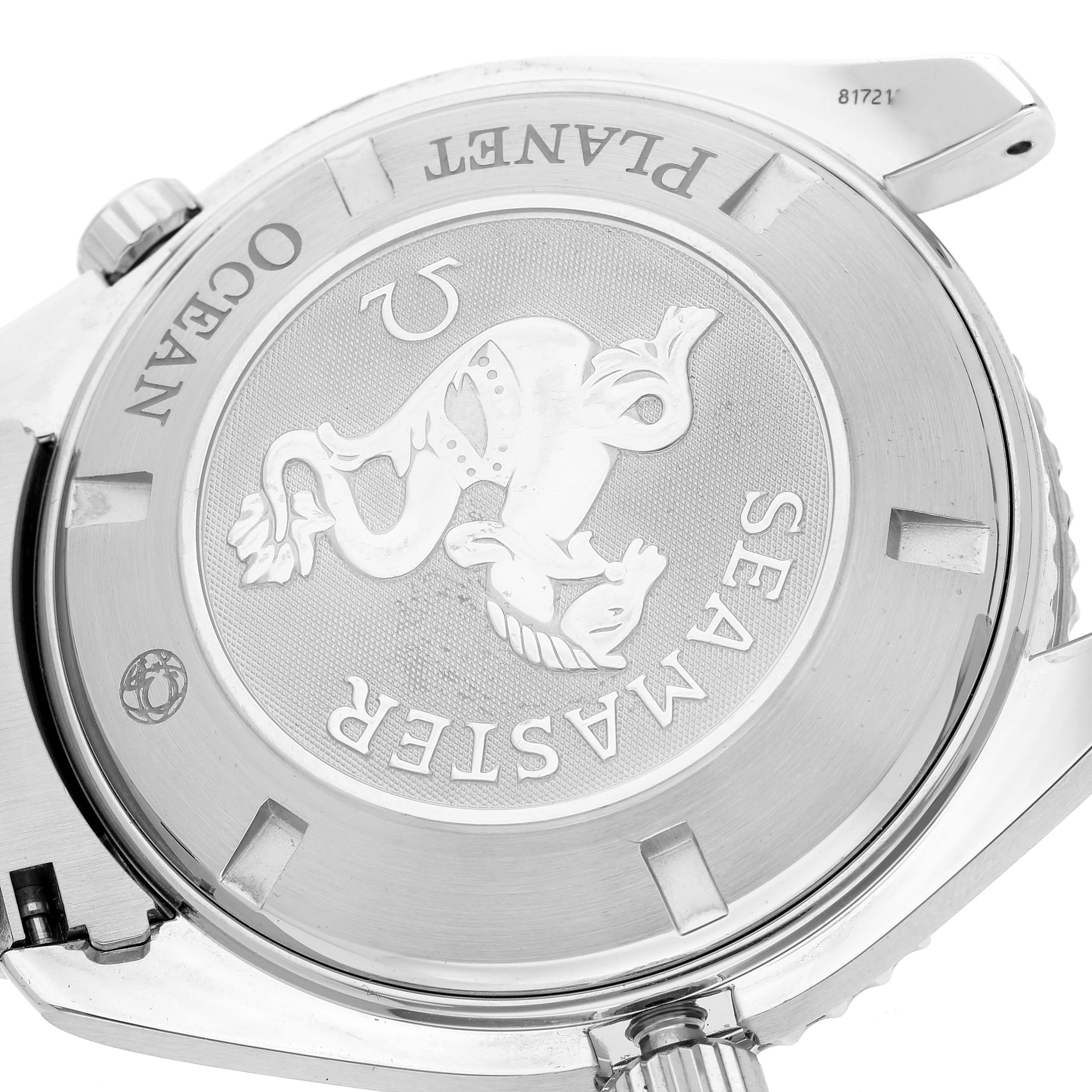 This image shows the case back of the Omega Planet Ocean 2200.51.00 Men's Stainless Steel Black Dial 2200.51.00 Men's Stainless Steel Black Dial Seamaster watch, focusing on the engraved details.