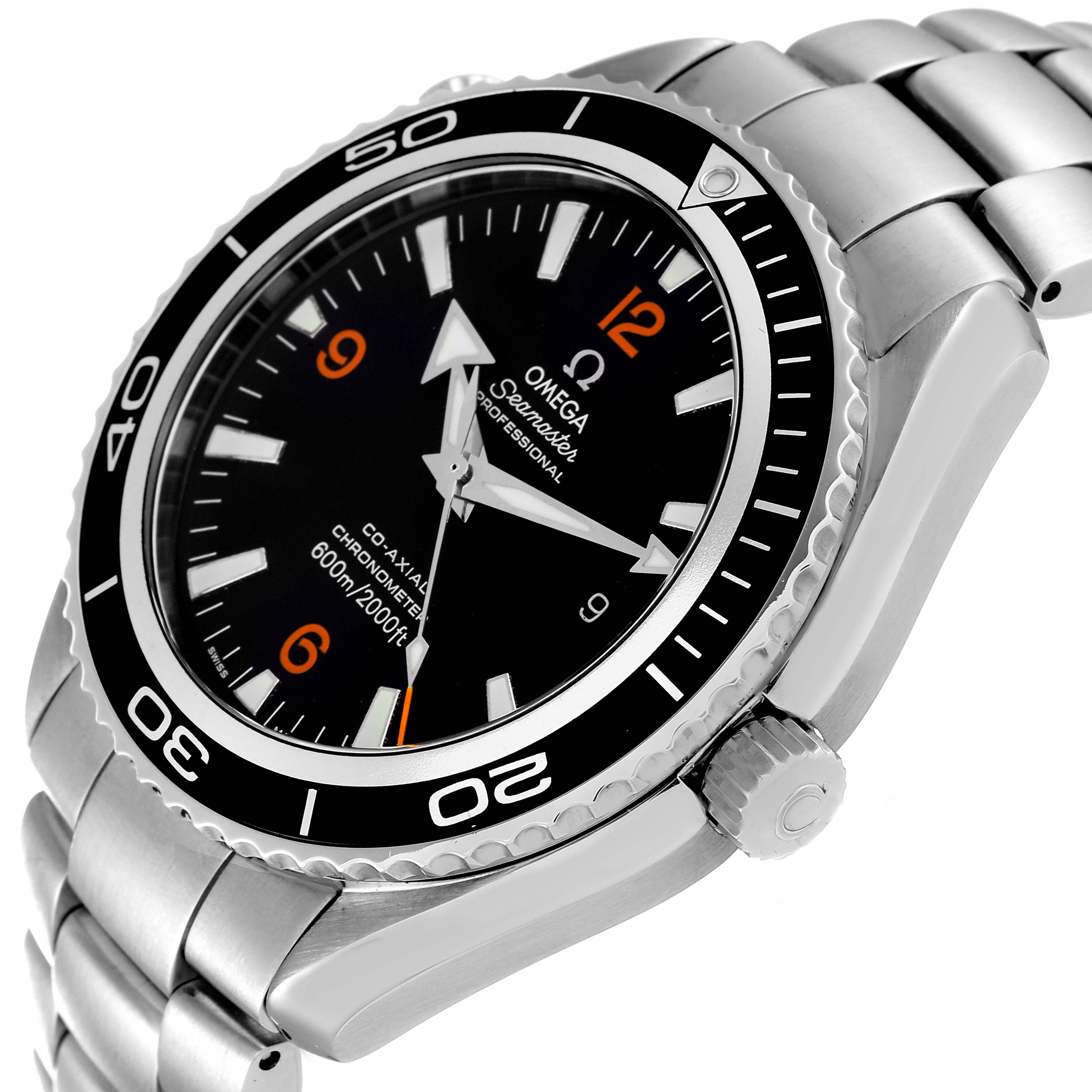 The image shows a side view of the Omega Planet Ocean 2200.51.00 Men's Stainless Steel Black Dial 2200.51.00 Men's Stainless Steel Black Dial watch, highlighting its bezel, dial, and bracelet.