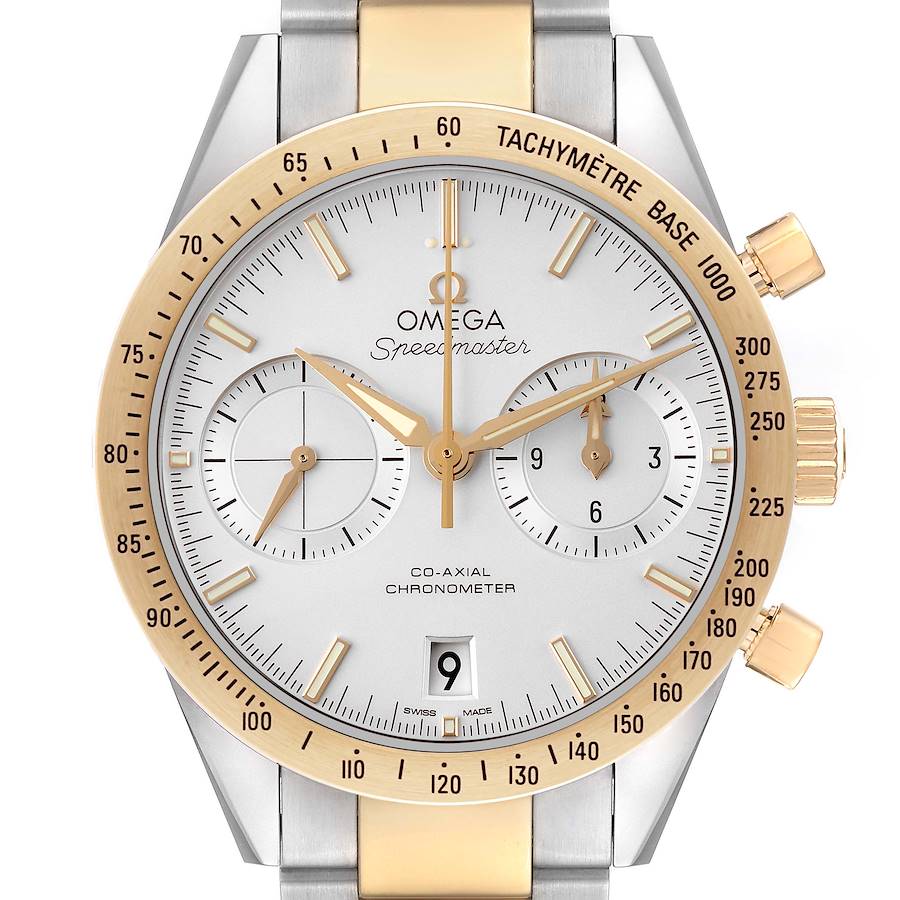 The Omega Speedmaster watch is shown from a front angle, highlighting the dial, hands, and tachymeter bezel.
