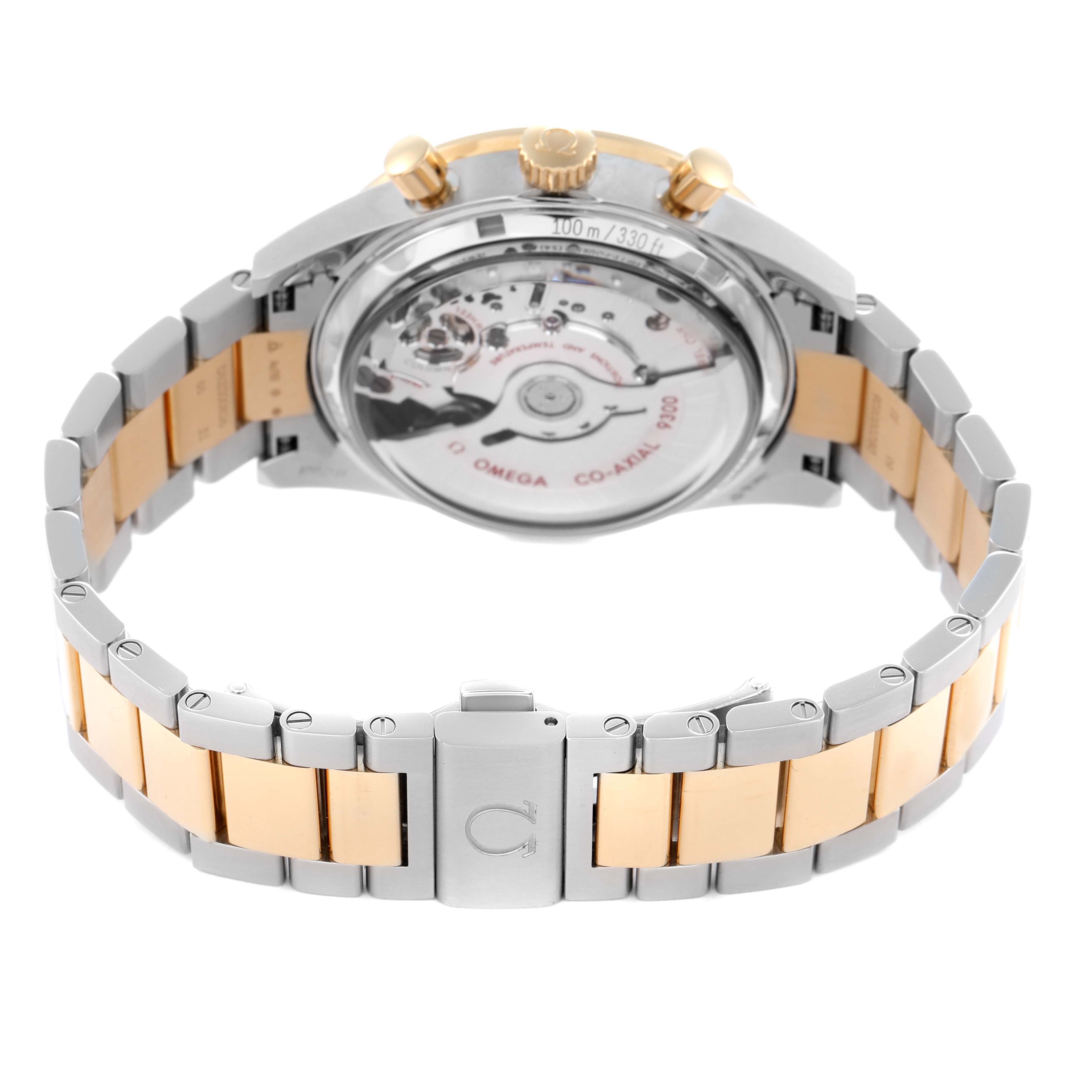 The image shows the back of an Omega Speedmaster 331.20.42.51.02.001 Men
s Steel and Gold (two tone) Silver Dial 331.20.42.51.02.001 Men
s Steel and Gold (two tone) Silver Dial, highlighting the transparent case back and two-tone bracelet.