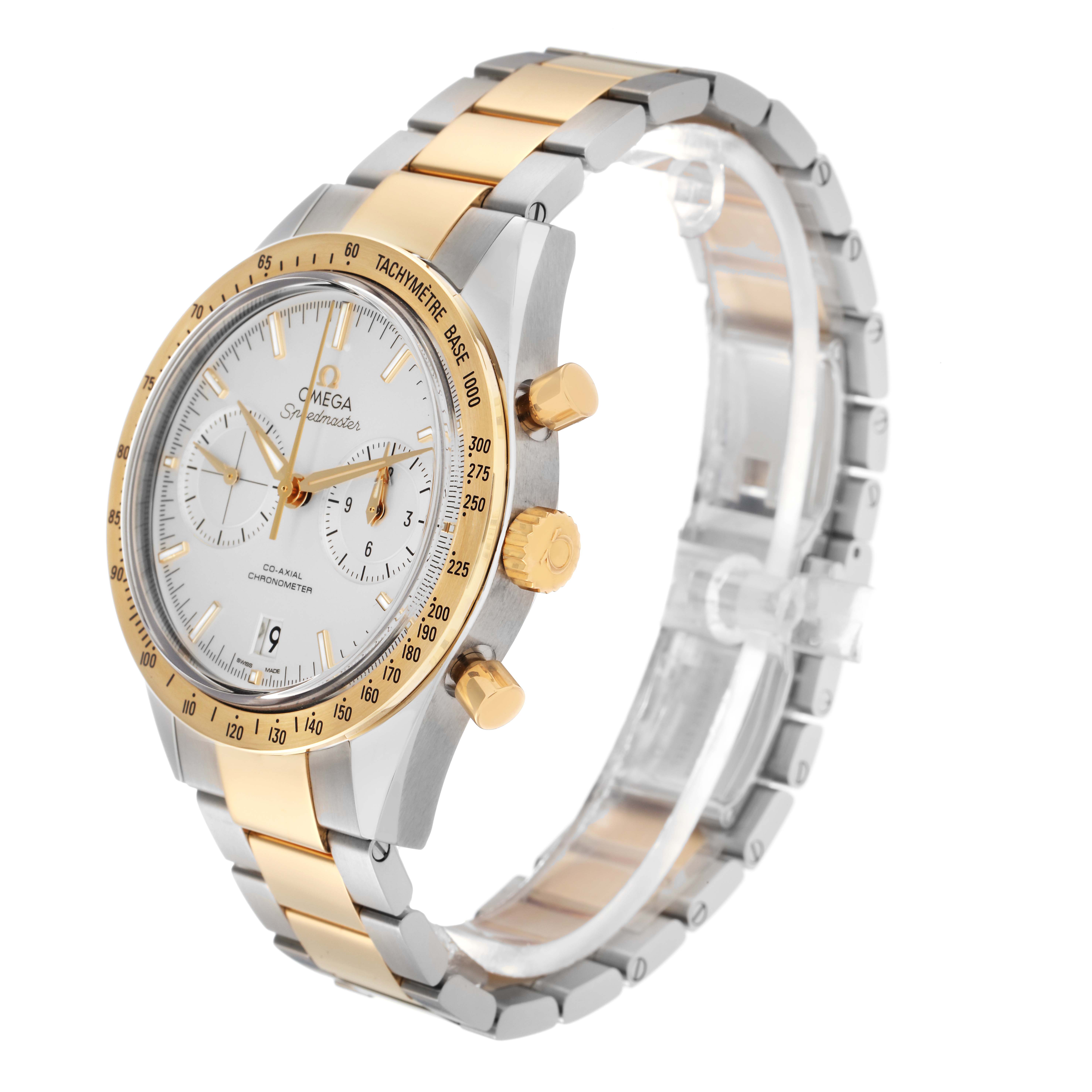 The Omega Speedmaster 331.20.42.51.02.001 Men
s Steel and Gold (two tone) Silver Dial 331.20.42.51.02.001 Men
s Steel and Gold (two tone) Silver Dial watch is shown at a side angle, displaying the face, bezel, crown, and part of the bracelet.
