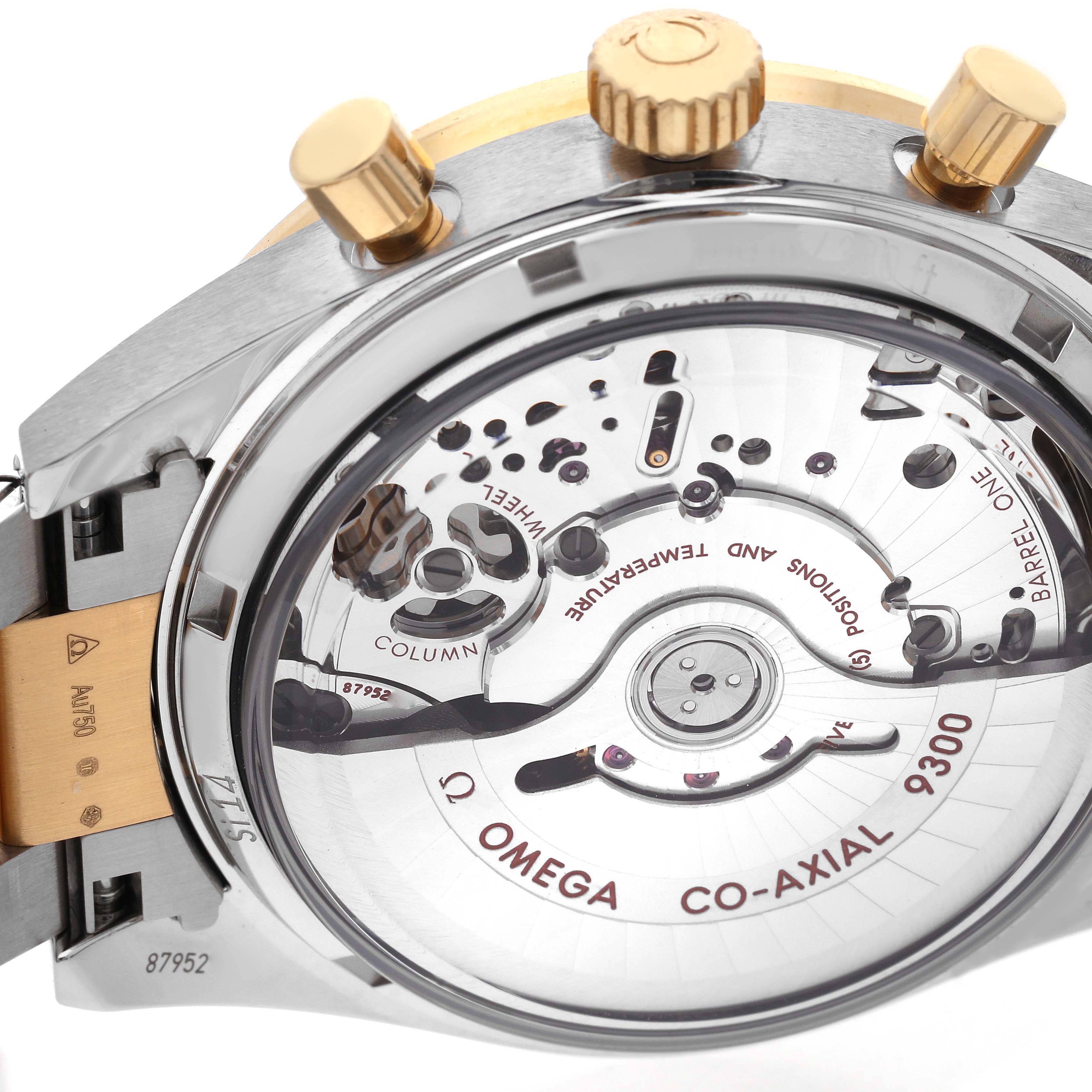 The image shows the back of the Omega Speedmaster 331.20.42.51.02.001 Men
s Steel and Gold (two tone) Silver Dial 331.20.42.51.02.001 Men
s Steel and Gold (two tone) Silver Dial, highlighting the Co-Axial 9300 movement and gold crown with pushers.