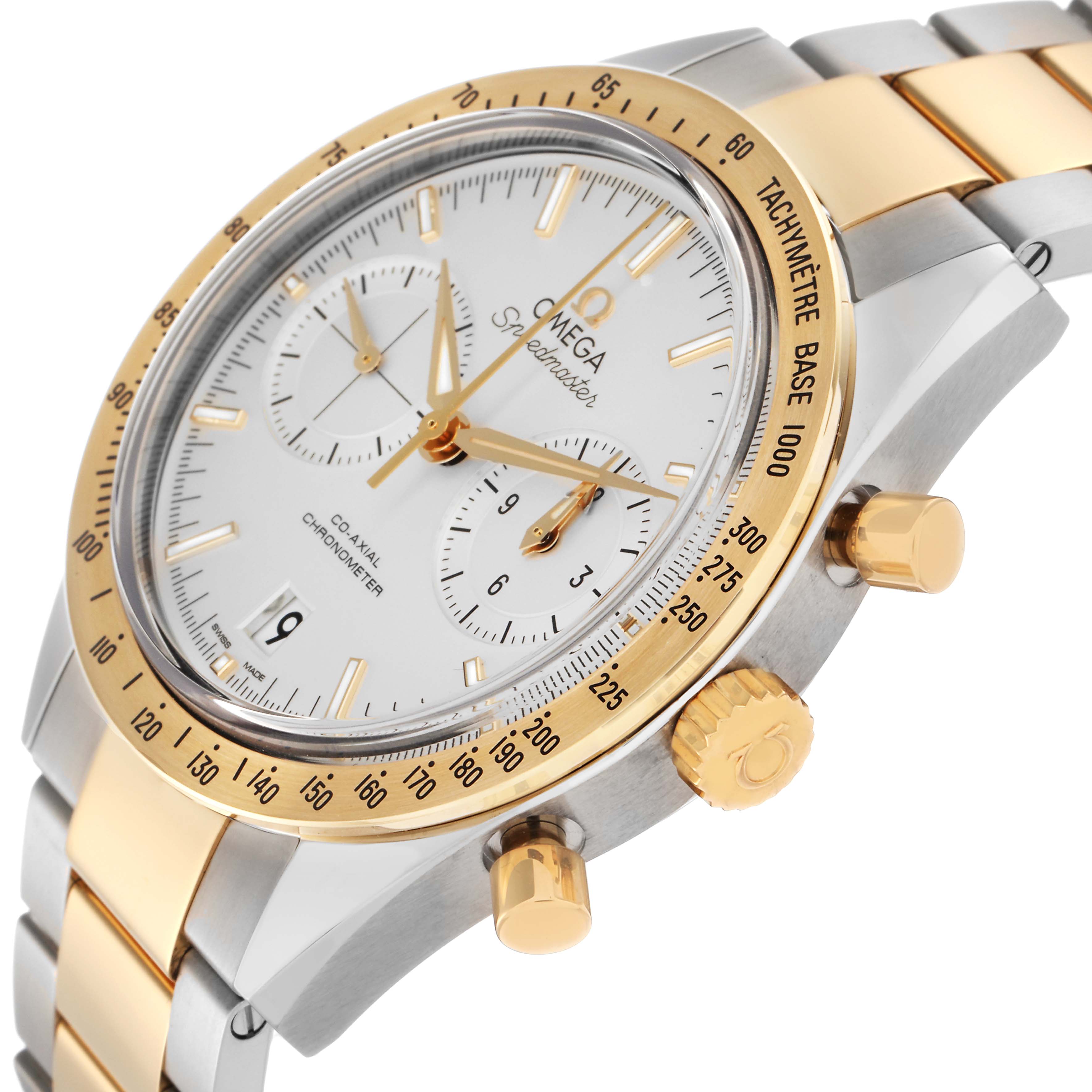 The Omega Speedmaster 331.20.42.51.02.001 Men
s Steel and Gold (two tone) Silver Dial 331.20.42.51.02.001 Men
s Steel and Gold (two tone) Silver Dial is shown from an angled side view, highlighting the face, bezel, crown, pushers, and bracelet.
