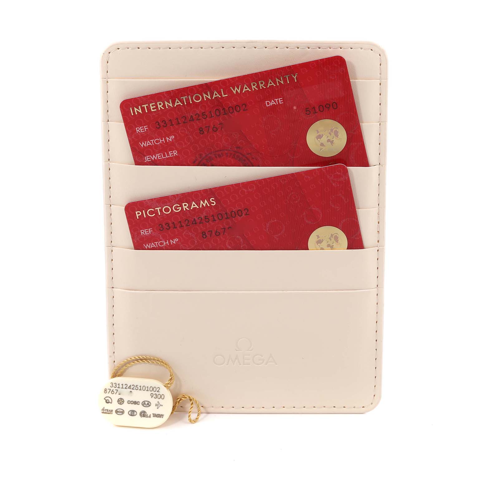 The image shows Omega Speedmaster 331.12.42.51.01.002 Men
s Stainless Steel Black Dial 331.12.42.51.01.002 Men
s Stainless Steel Black Dial warranty cards in an Omega holder, along with a tag displaying serial and model information.