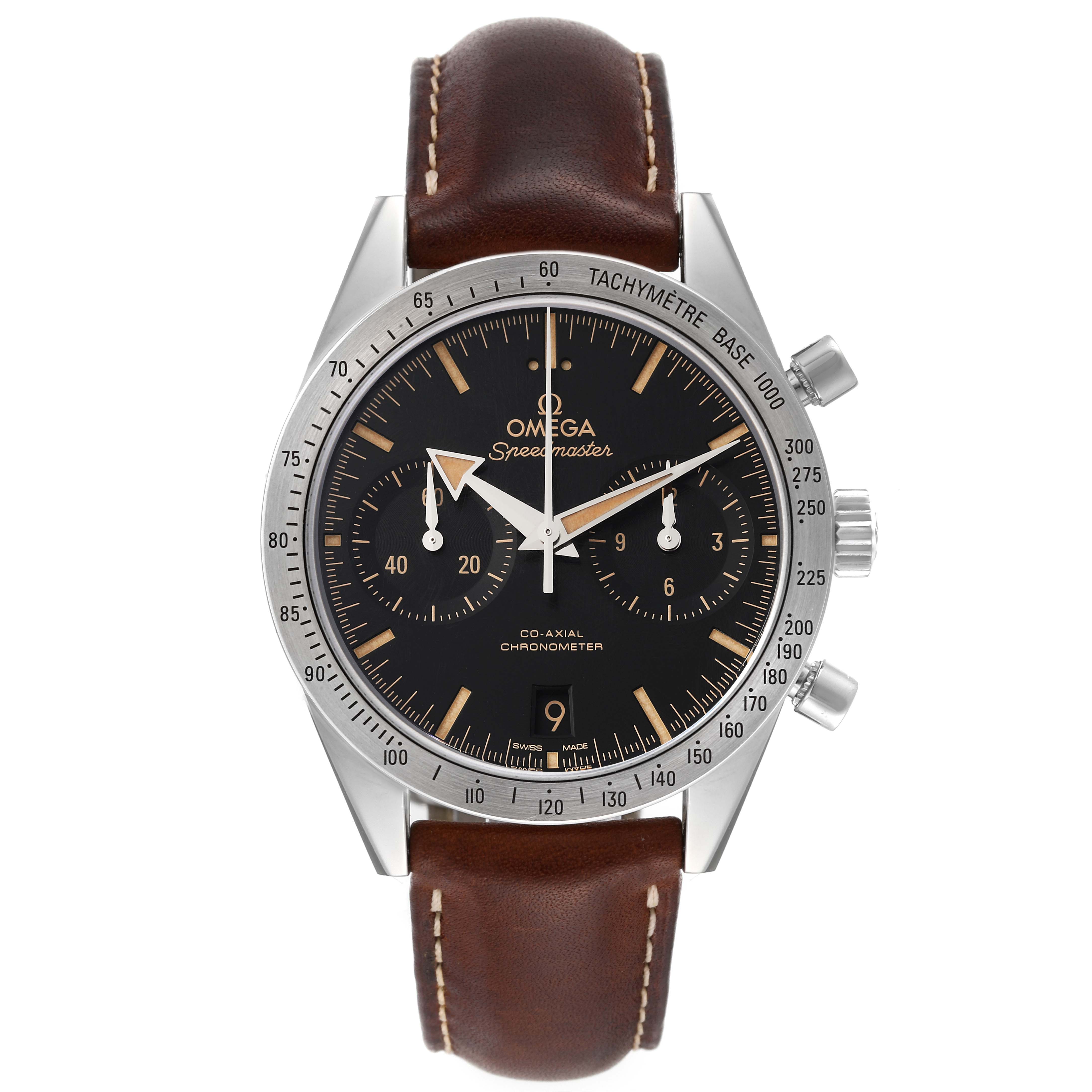 The Omega Speedmaster 331.12.42.51.01.002 Men
s Stainless Steel Black Dial 331.12.42.51.01.002 Men
s Stainless Steel Black Dial watch is shown from the front, displaying the dial, chronograph sub-dials, and brown leather strap.